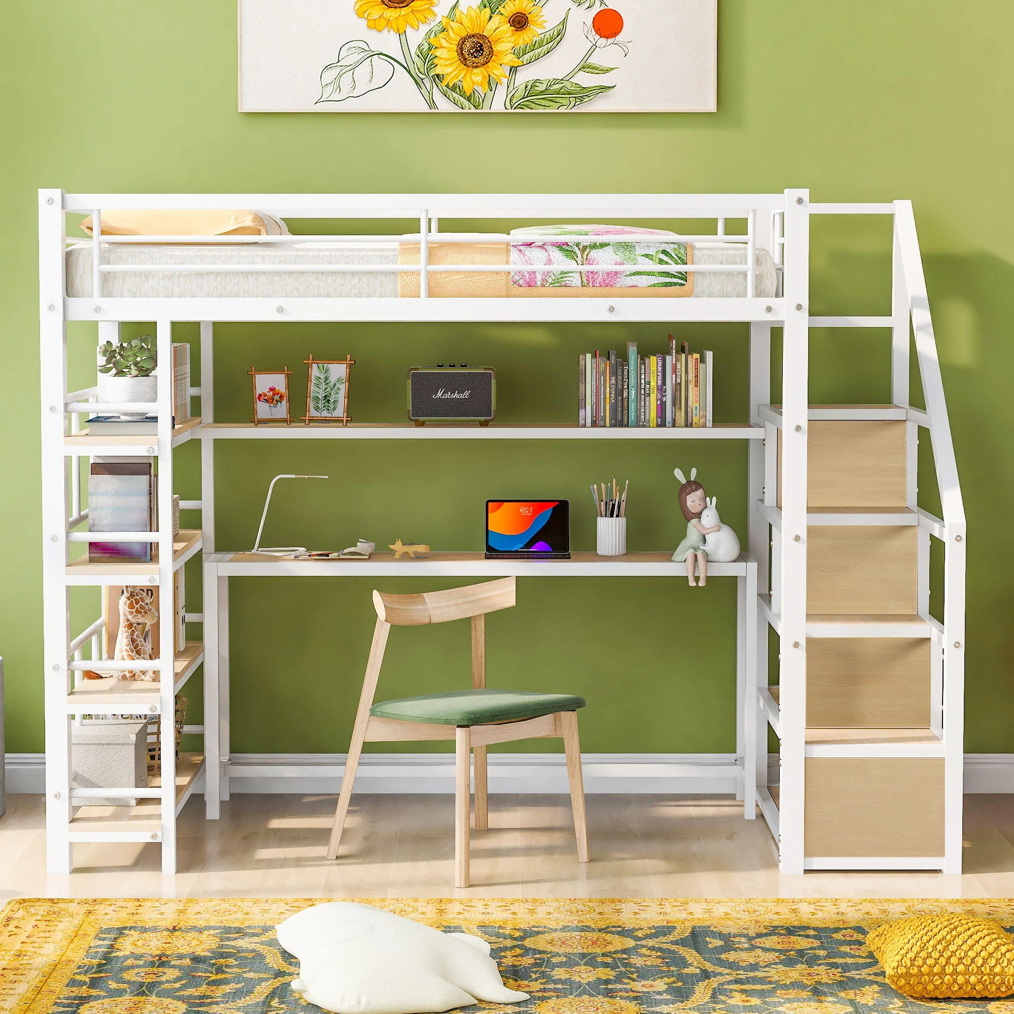 Twin Size Loft Bed With Built In Desk, Staircase Storage & 4 Tier Shelves - White - Image 3