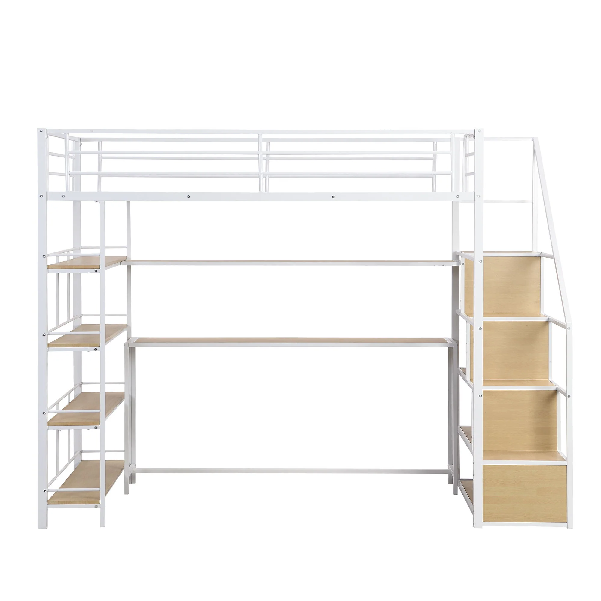 Twin Size Loft Bed With Built In Desk, Staircase Storage & 4 Tier Shelves - White - Image 4