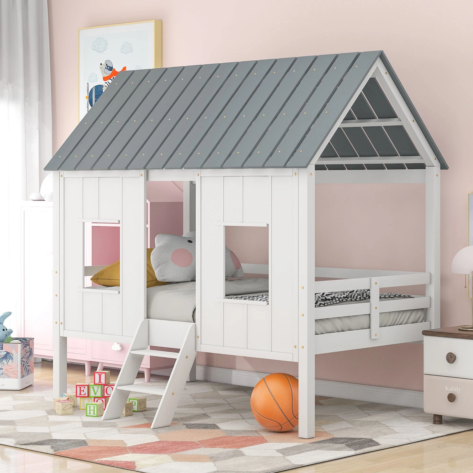 Twin Size Low Loft House Bed With Roof And 2 Front Windows - White - Image 4