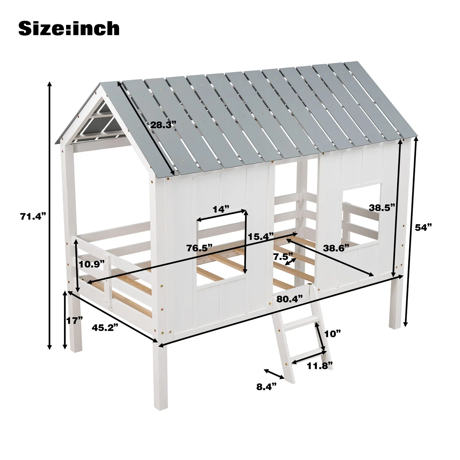 Twin Size Low Loft House Bed With Roof And 2 Front Windows - White - Image 7