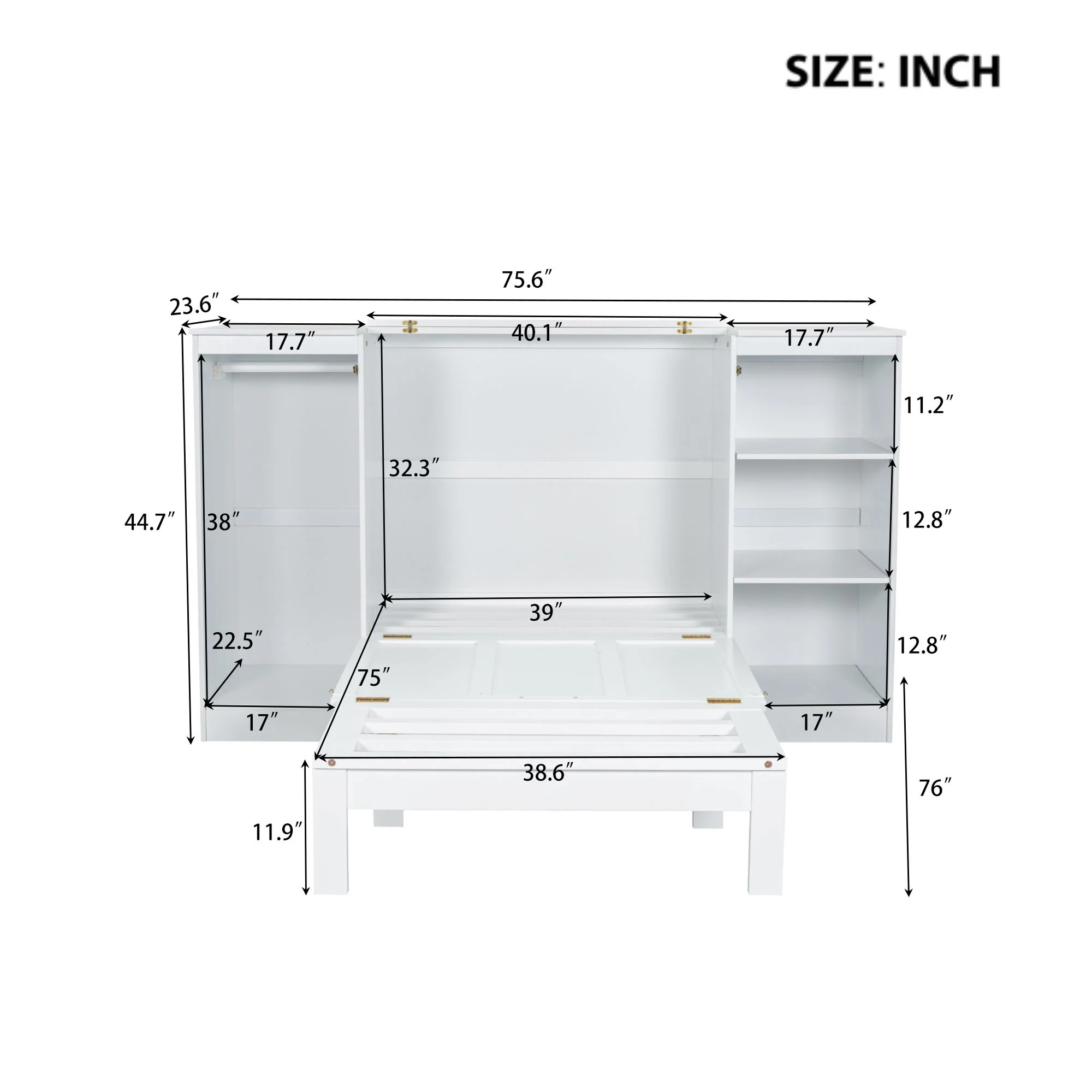 Twin Size Murphy Bed With Bedside Shelves And Wardrobe - White - Image 2