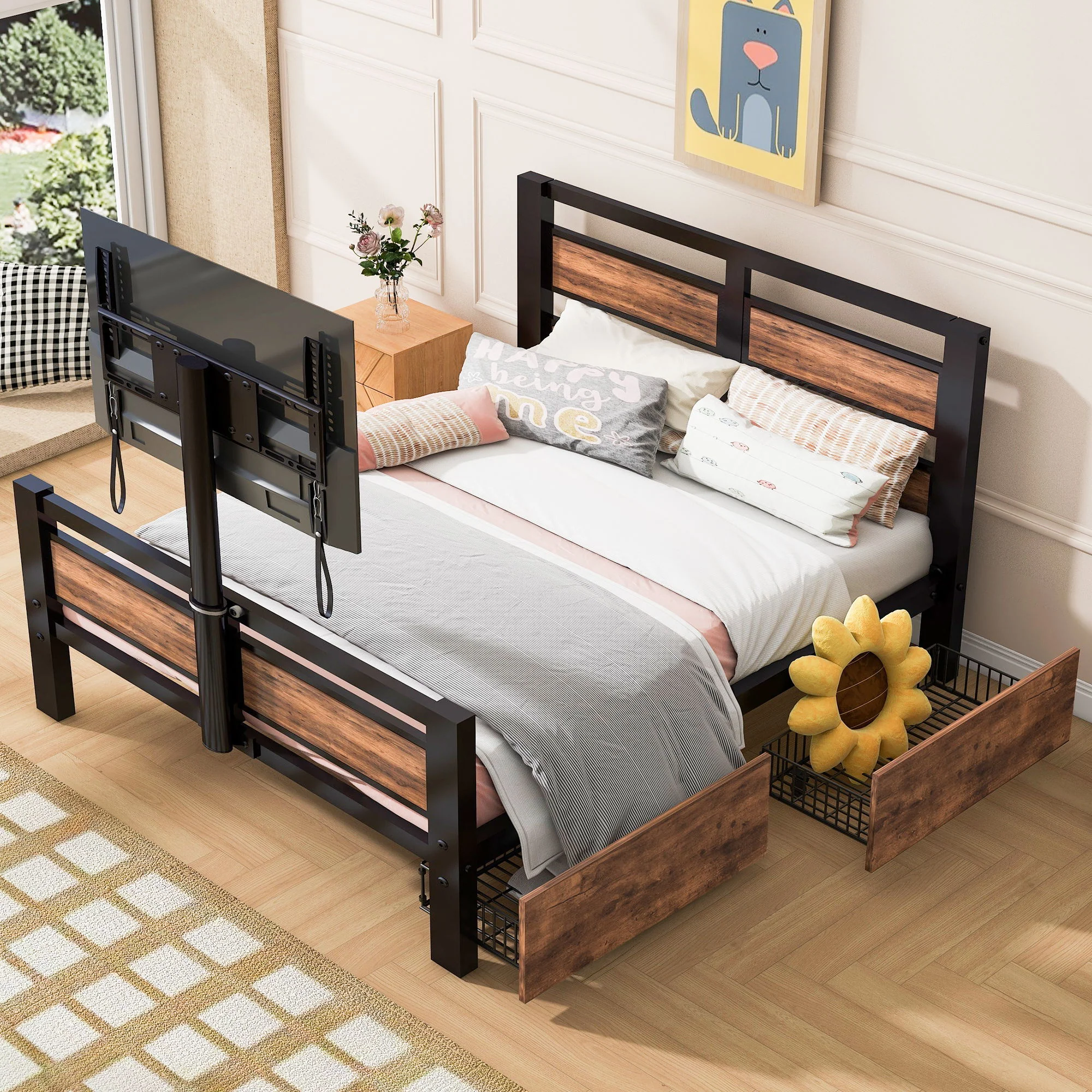 Twin Size Platform Bed With Headboard And Footboard, 2 Storage Drawers And Rotatable TV Stand - Black - Image 8