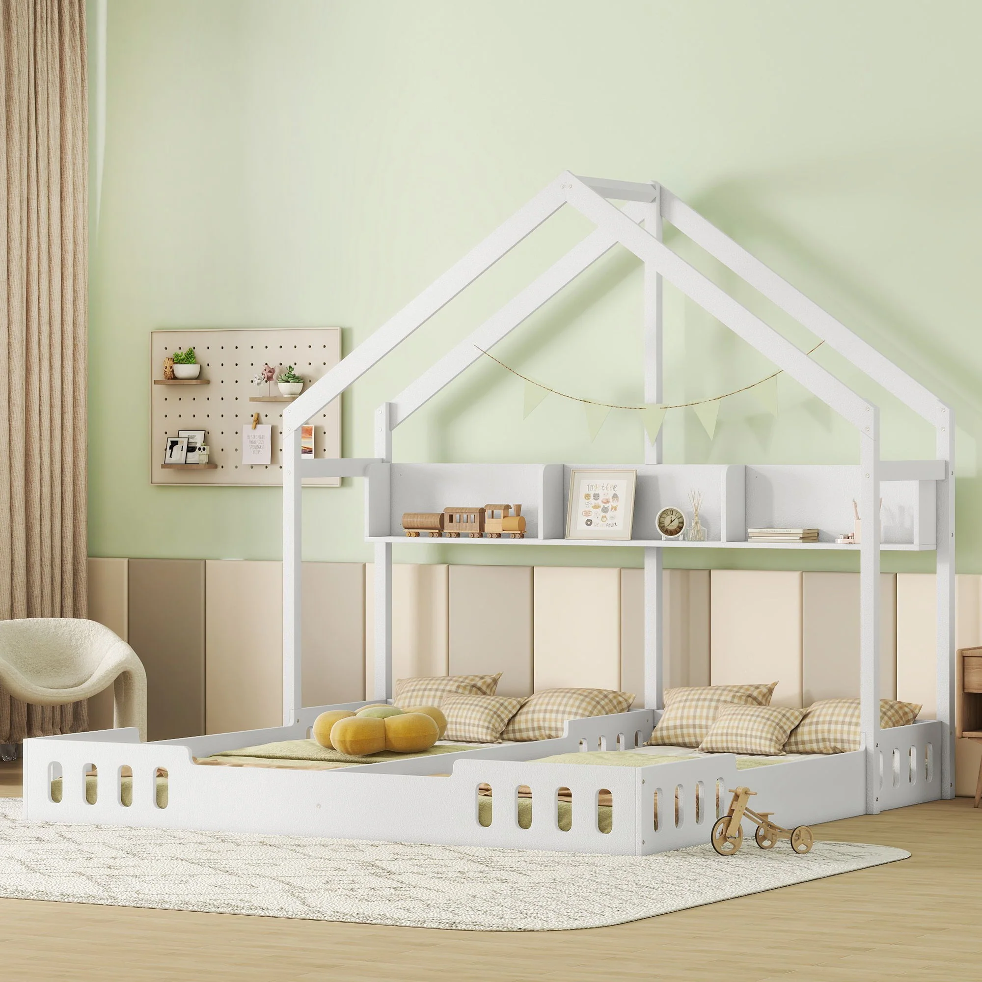 Twin Size Platform Bed With Shared Design, Guardrails, And Built In Shelves - Creamy White - Image 4