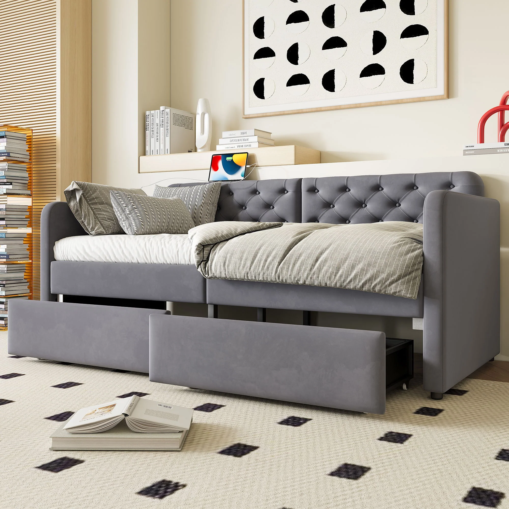 Twin Size Upholstered Daybed With 2 Storage Drawers And USB Charging Design - Gray - Image 6