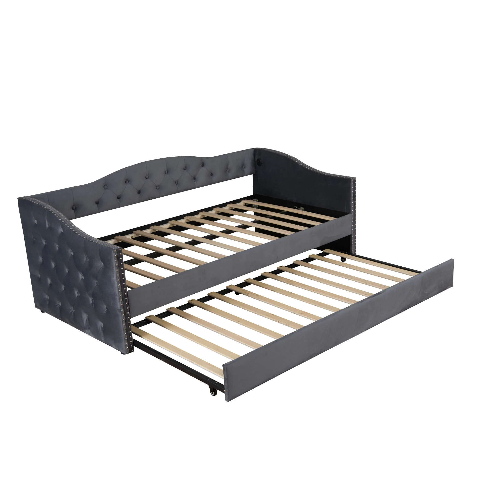 Twin Size Upholstered Daybed With Trundle And USB Charging Design For Bedroom - Gray
