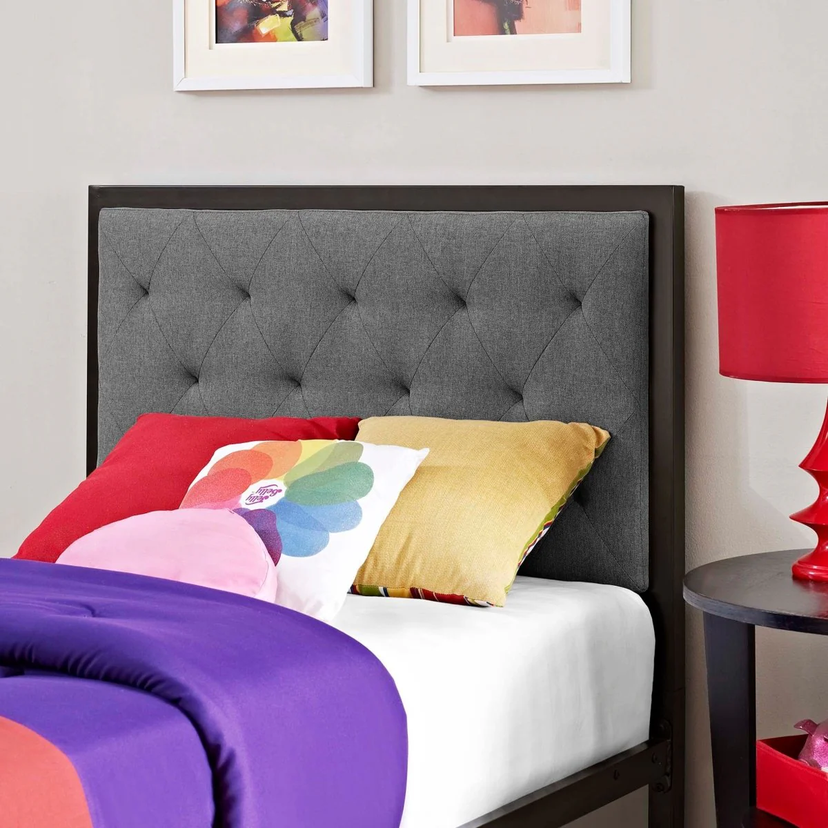 Twin Tufted Button Fabric and Steel Platform Bed in Brown - Image 2