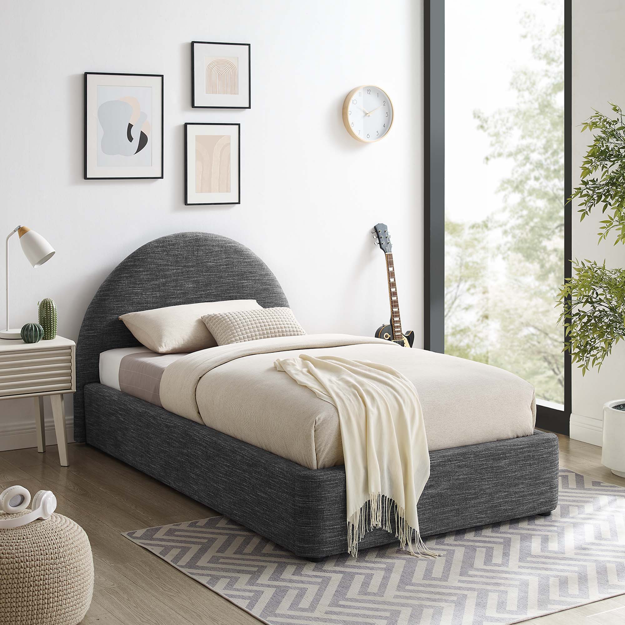 Upholstered Arched Platform Bed with Heathered Fabric - Image 15