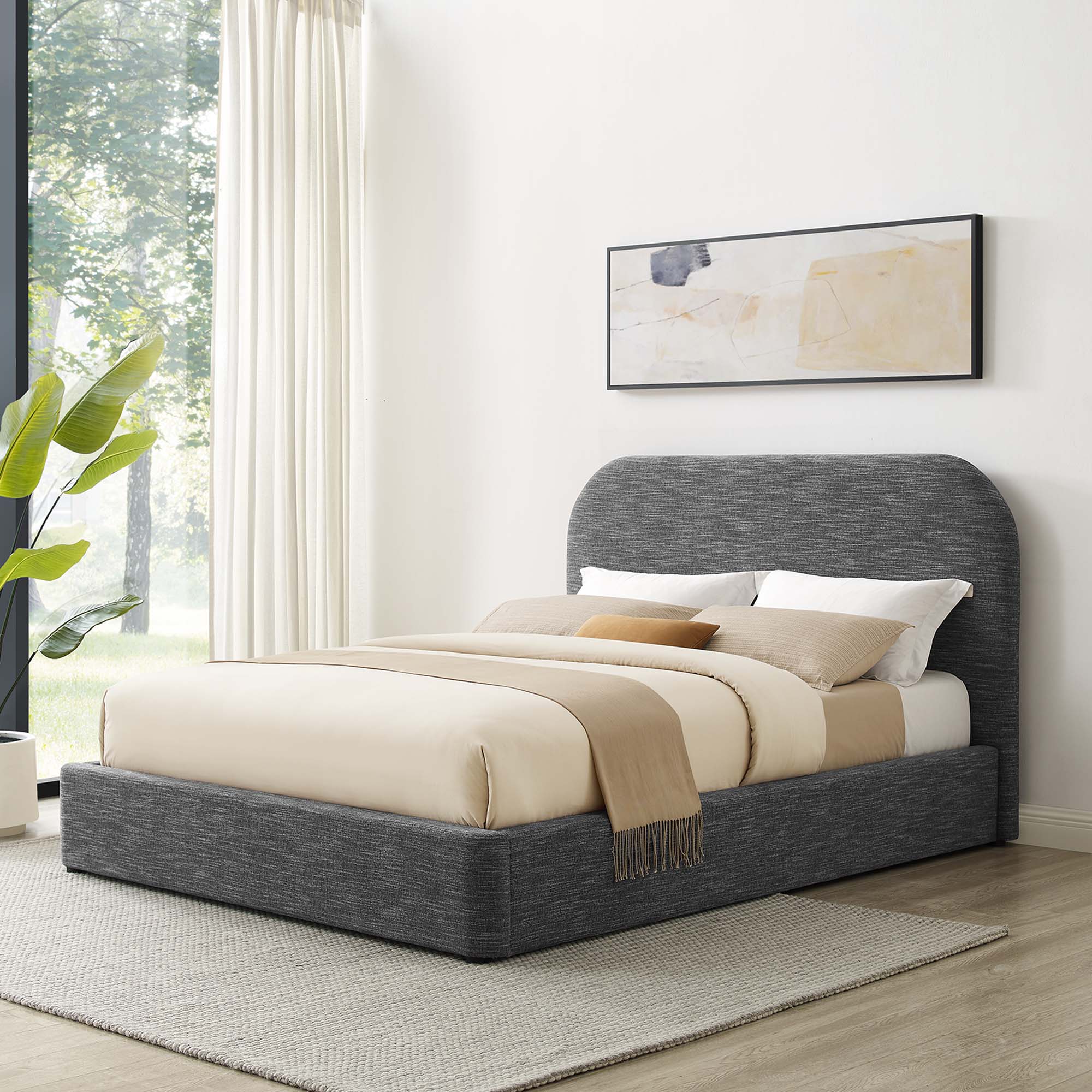 Upholstered Curved Platform Bed with Heathered Fabric - Image 44
