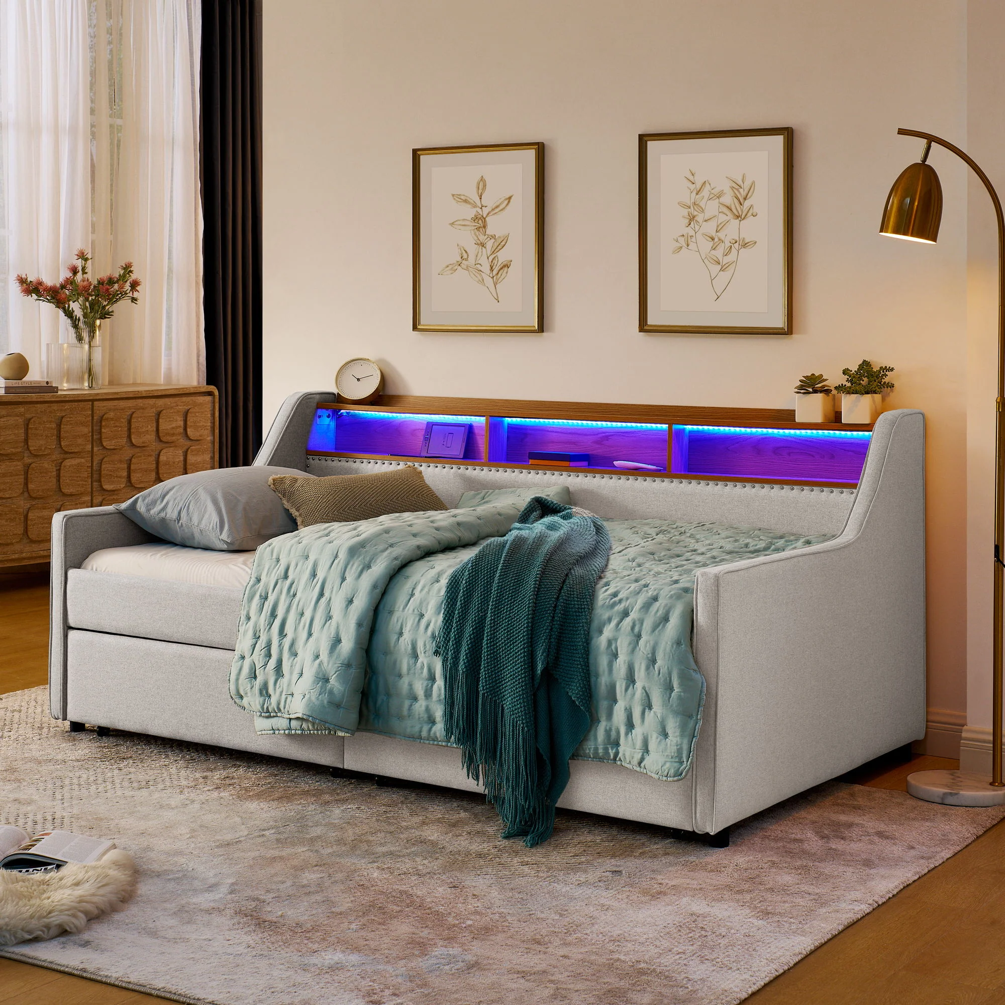 Twin Upholstered Sofa Bed With LED Lights, Storage Drawers, Adjustable Headboard & Wireless Charging - Beige - Image 5
