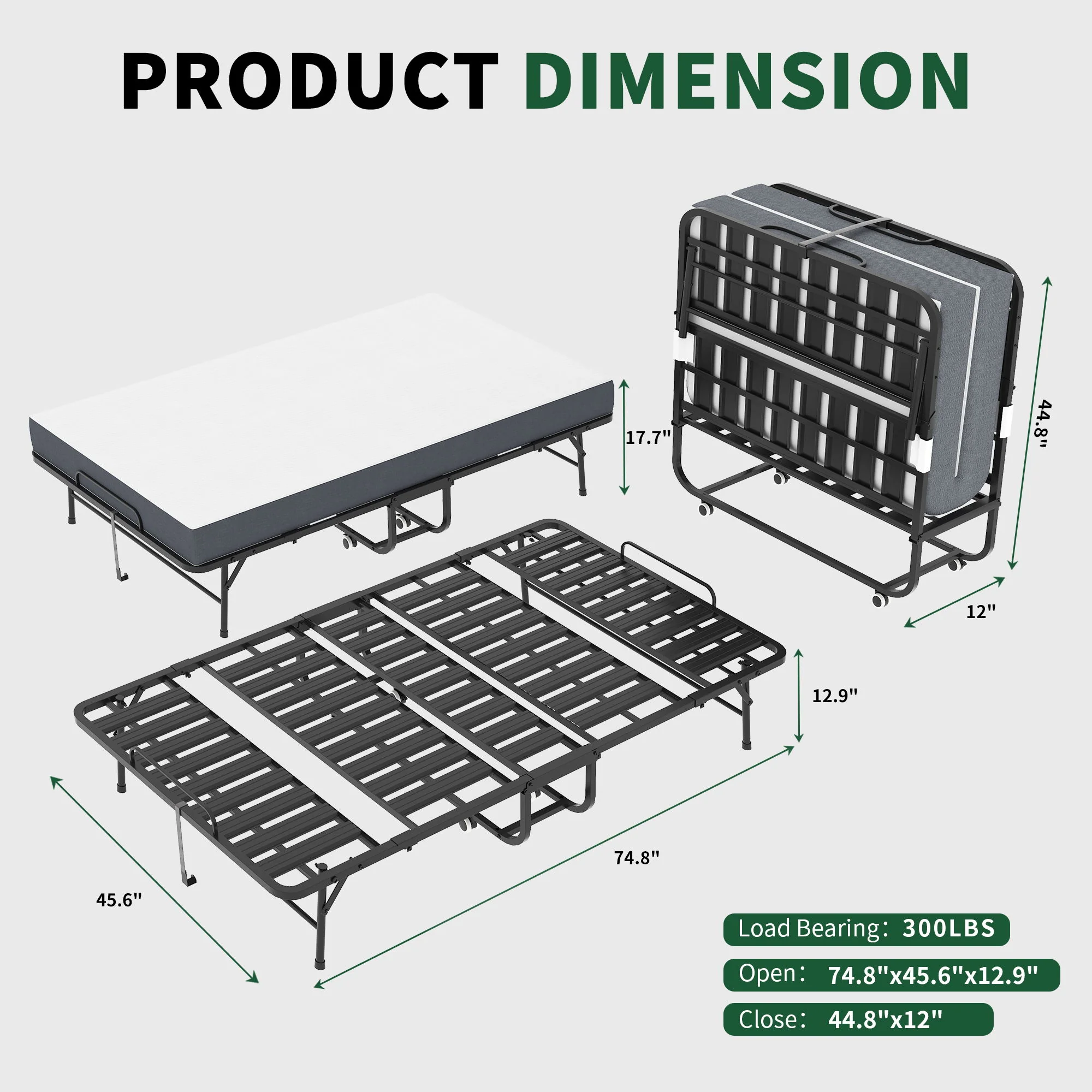 Twin Wide Folding Bed For Tall People, Extra Long & Wide Rollaway With Memory Foam, Heavy-Duty Capacity Guest, Spacious Portable Cot - Black - Image 9