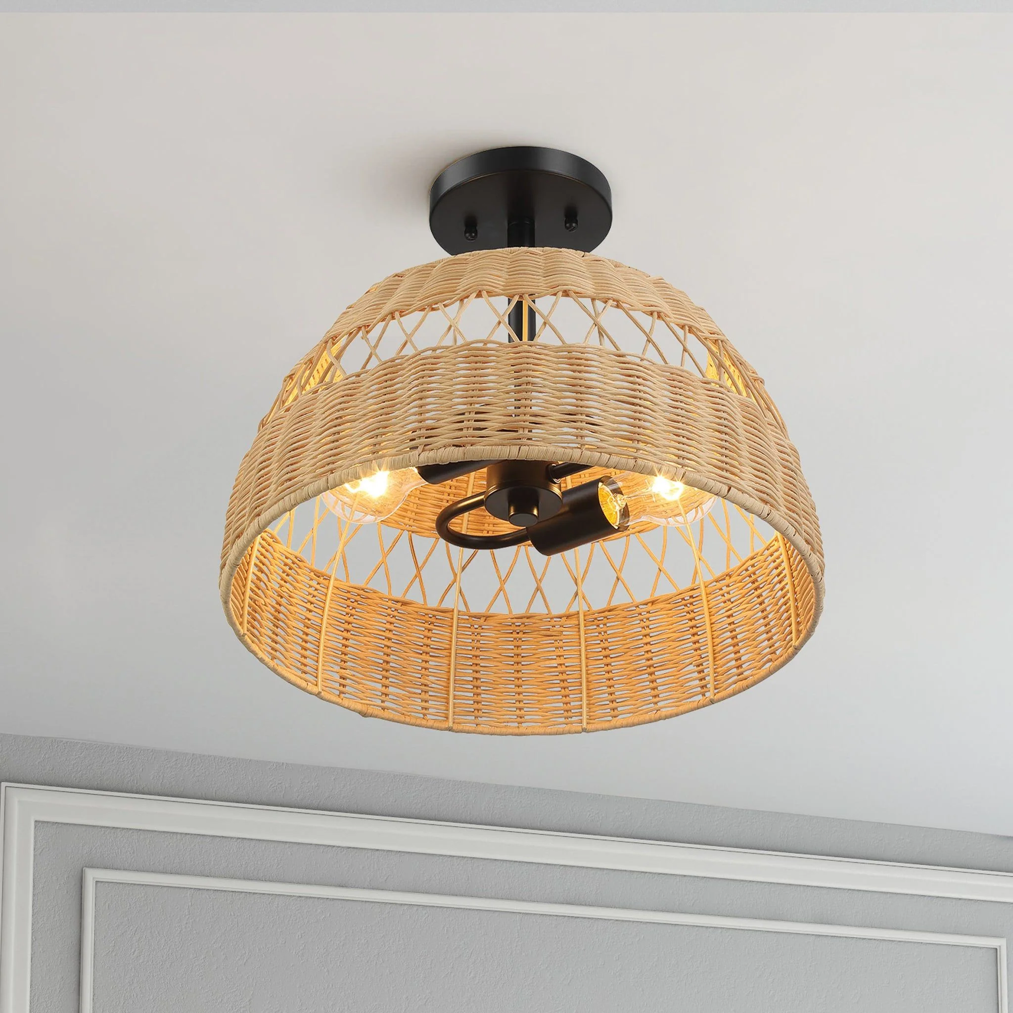 Twinkle - Double Lights Semi Flush With Shade - Black / Rattan - Image 4