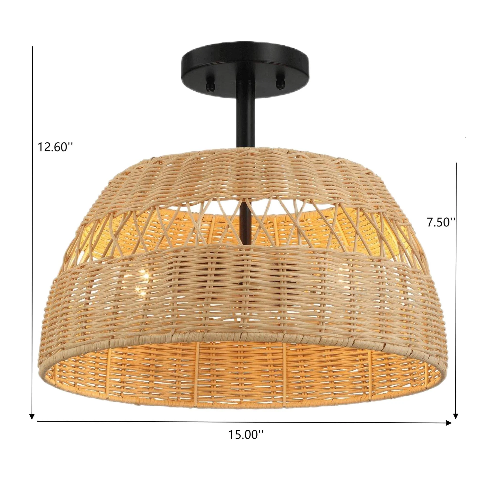 Twinkle - Double Lights Semi Flush With Shade - Black / Rattan - Image 7