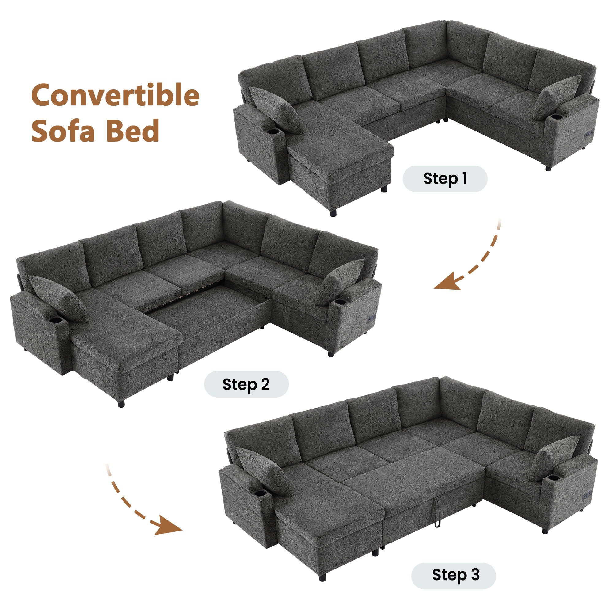 U-Shaped Sectional Sleeper Sofa With Ample Storage Space, 2 Cup Holders And Charging Ports For Living Room - Image 10