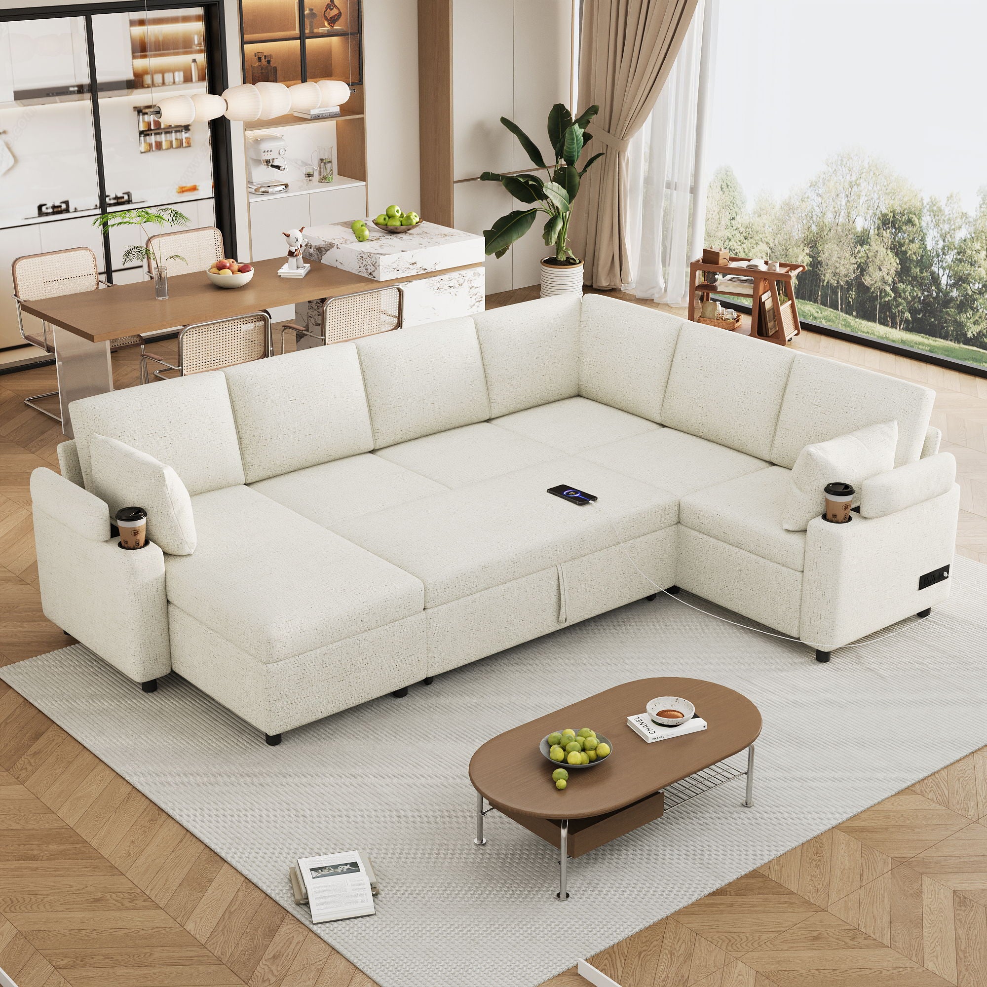 U-Shaped Sectional Sleeper Sofa With Ample Storage Space, 2 Cup Holders And Charging Ports For Living Room - Image 13
