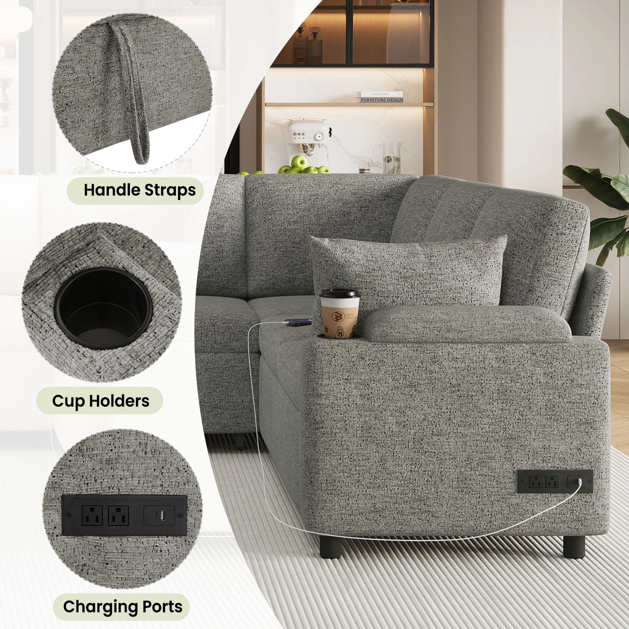 U-Shaped Sectional Sleeper Sofa With Ample Storage Space, 2 Cup Holders And Charging Ports For Living Room - Image 15