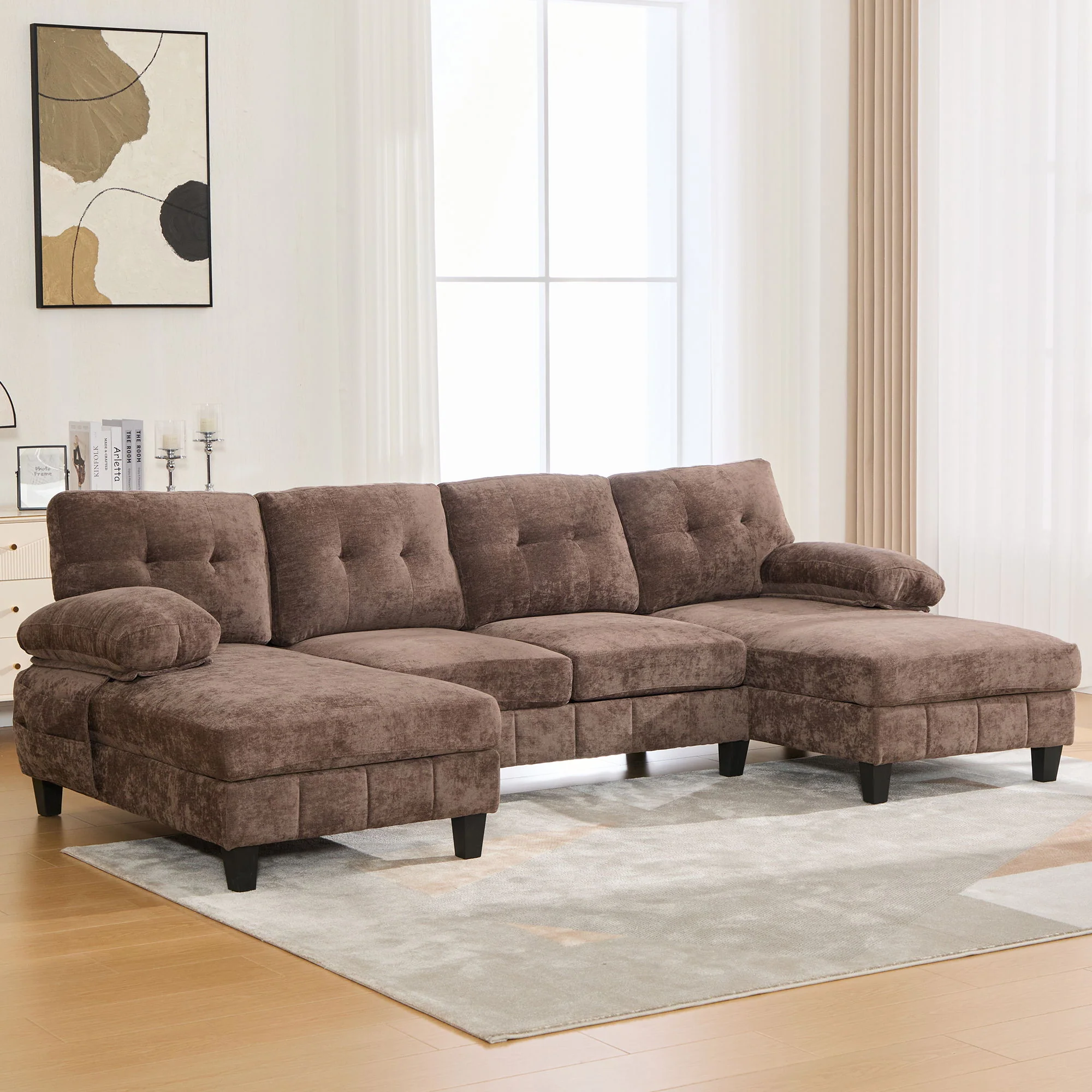U-Shaped Sectional Sofa 103.5" Fabric Couch With Dual Chaise Lounges, Storage Pockets, Armrest Pillows - Image 7