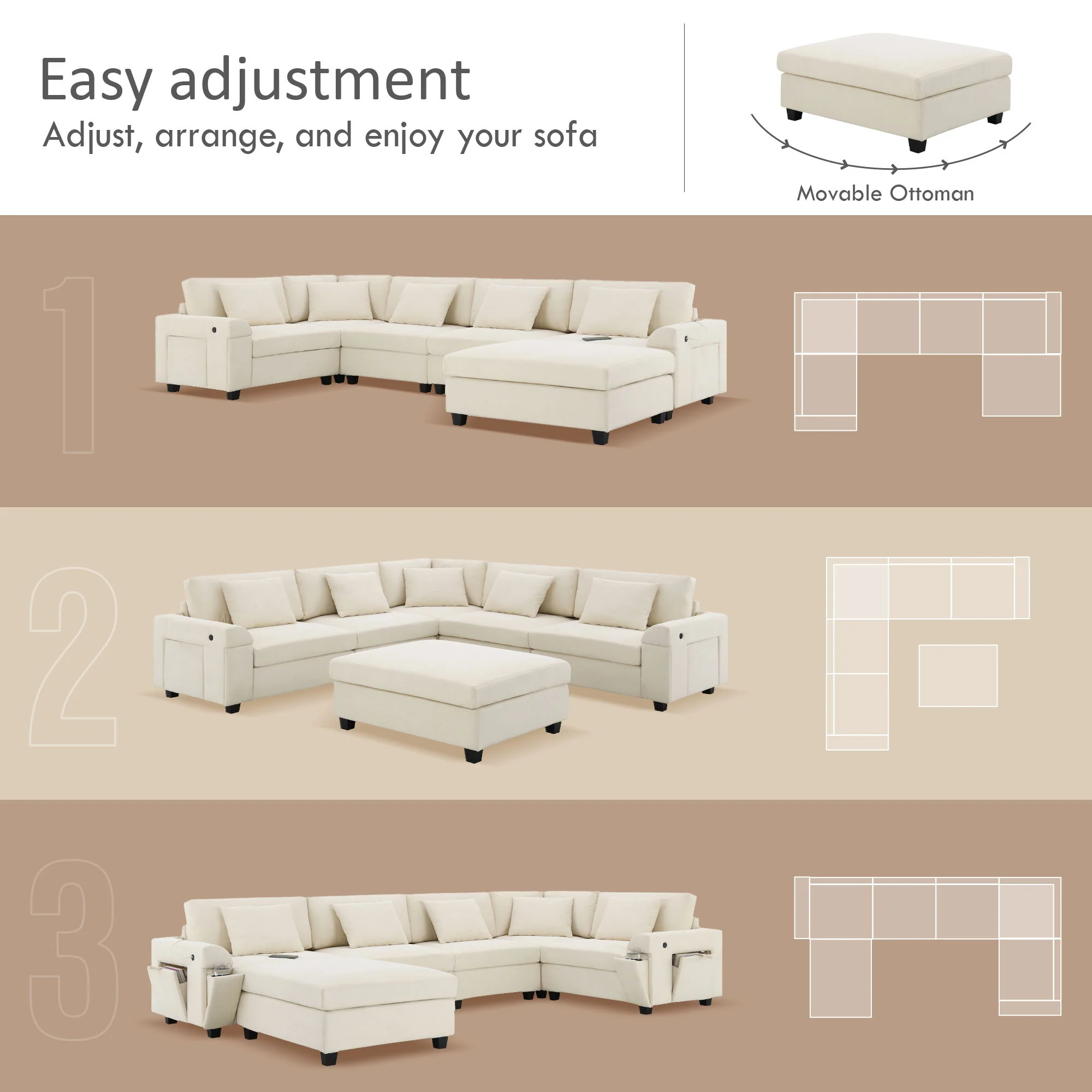 U Shaped Sectional Sofa 6 Seat Couch Set With Oversized Ottoman, Hidden Armrest Storage And Cup Holders USB Charging Ports Wide Seat Sofa - Image 13