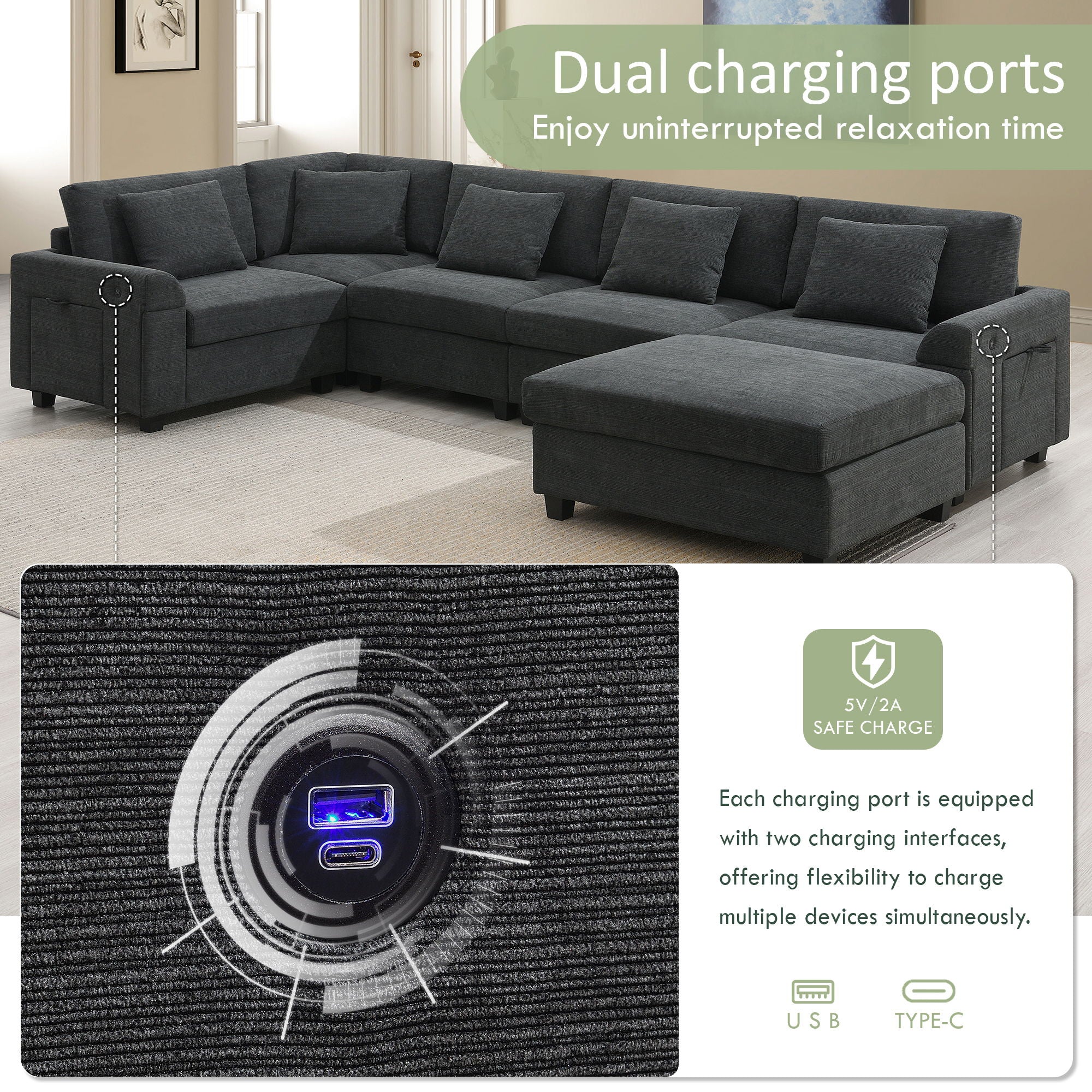 U Shaped Sectional Sofa 6 Seat Couch Set With Oversized Ottoman, Hidden Armrest Storage And Cup Holders USB Charging Ports Wide Seat Sofa - Image 15