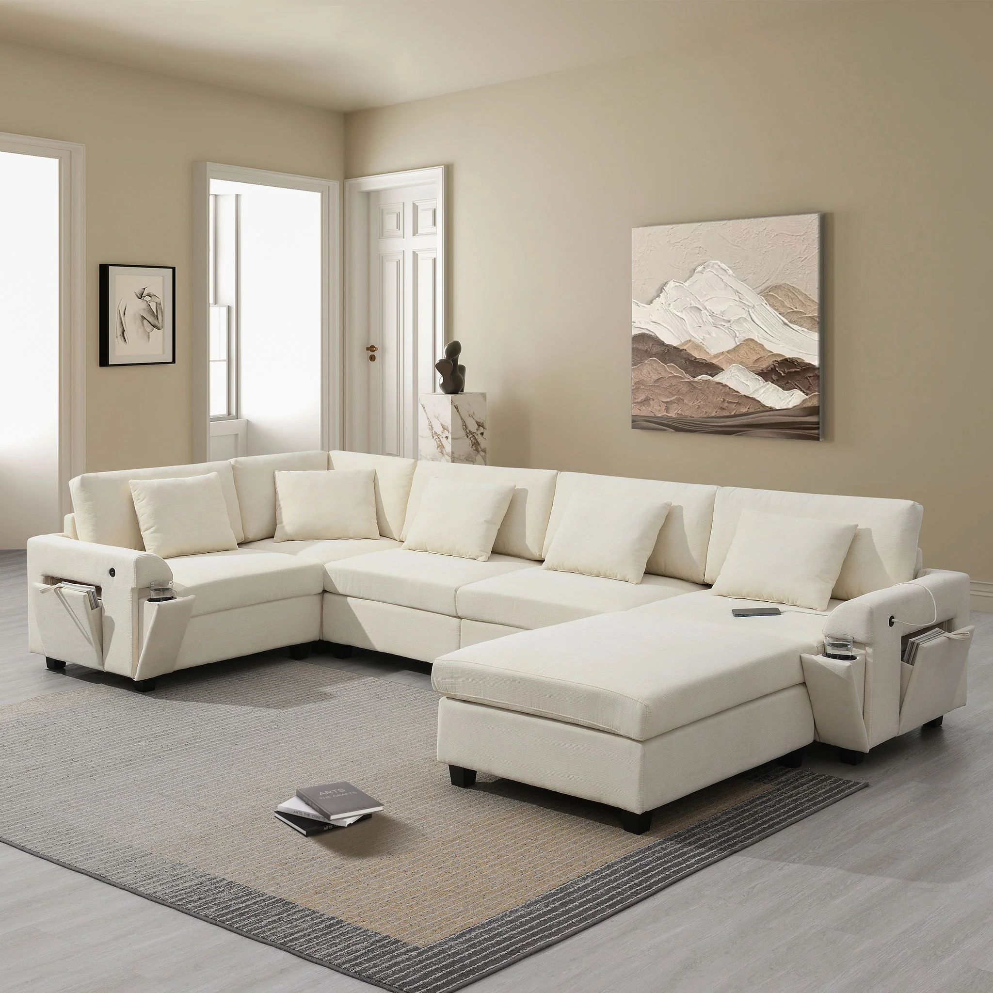 U Shaped Sectional Sofa 6 Seat Couch Set With Oversized Ottoman, Hidden Armrest Storage And Cup Holders USB Charging Ports Wide Seat Sofa - Image 17