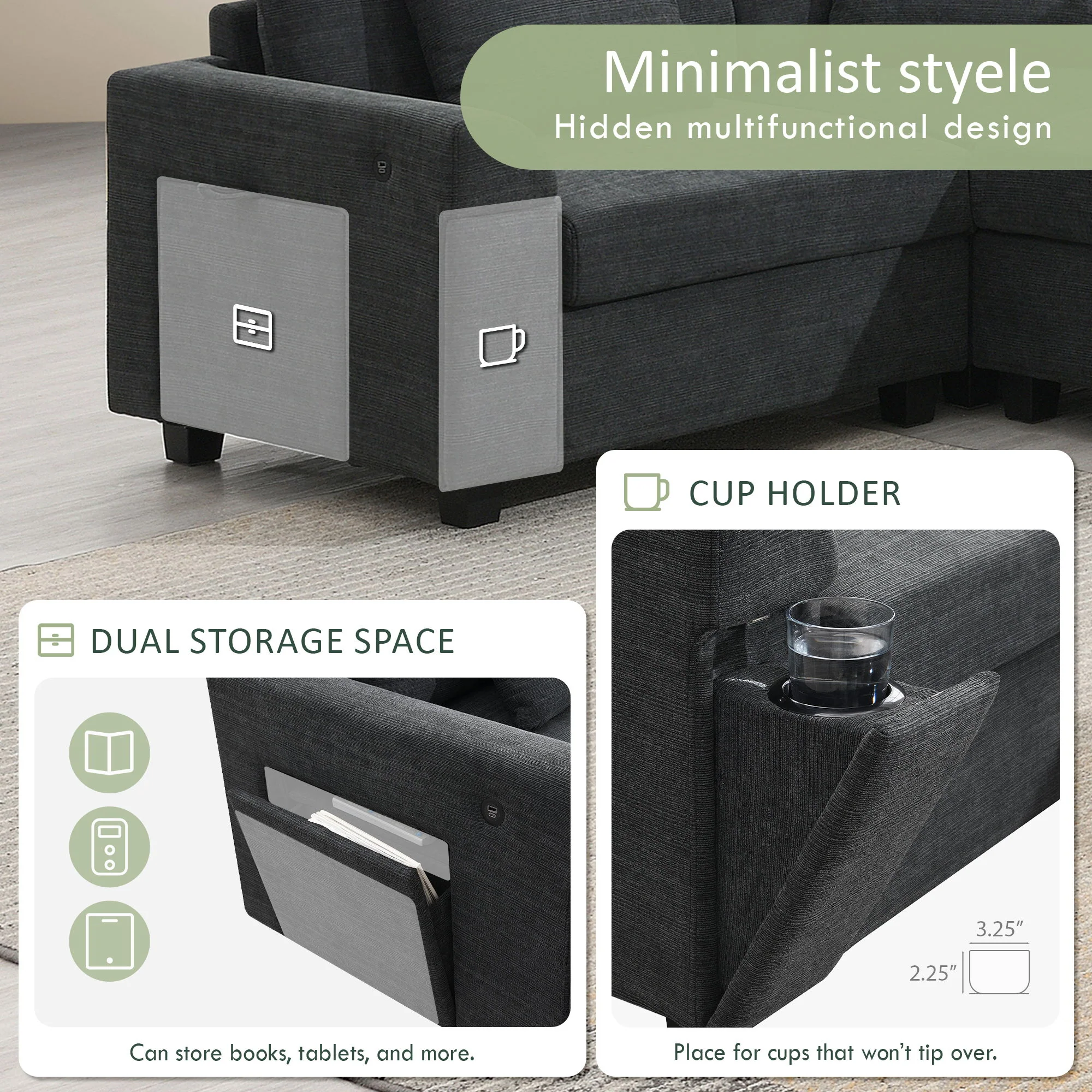 U Shaped Sectional Sofa 6 Seat Couch Set With Oversized Ottoman, Hidden Armrest Storage And Cup Holders USB Charging Ports Wide Seat Sofa - Image 5