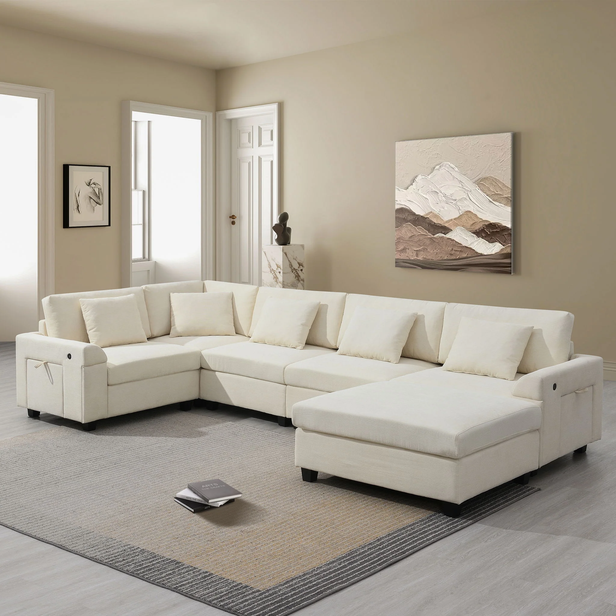 U Shaped Sectional Sofa 6 Seat Couch Set With Oversized Ottoman, Hidden Armrest Storage And Cup Holders USB Charging Ports Wide Seat Sofa - Image 8