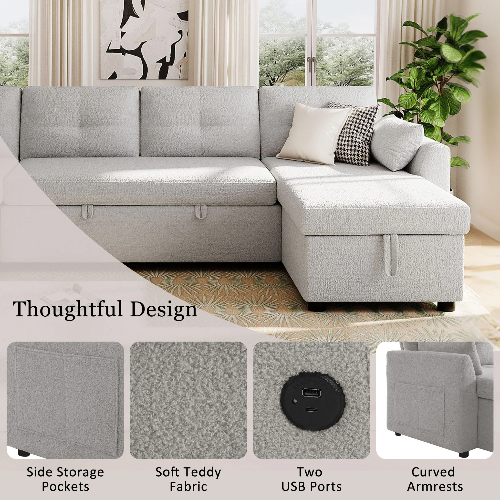U-Shaped Sectional Sofa Bed With Storage And USB Ports - Image 14