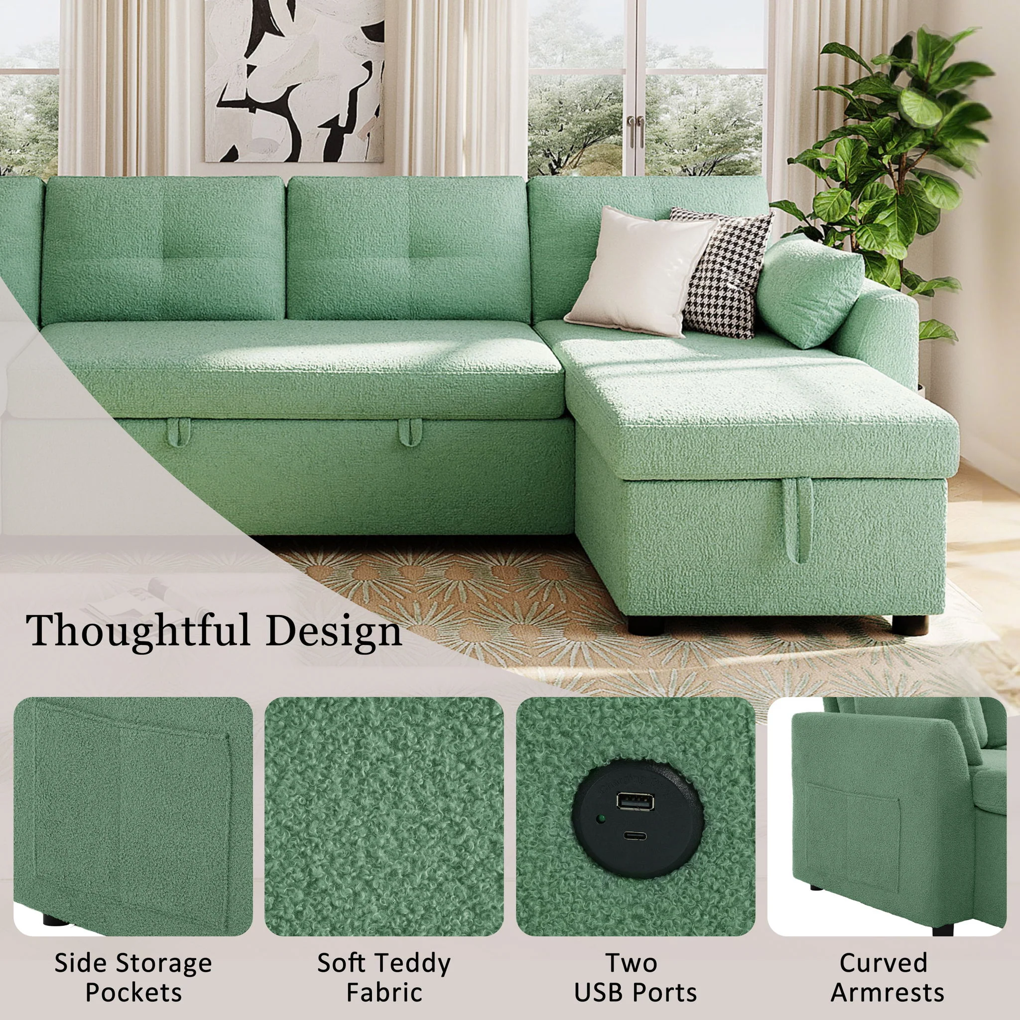 U-Shaped Sectional Sofa Bed With Storage And USB Ports - Image 18