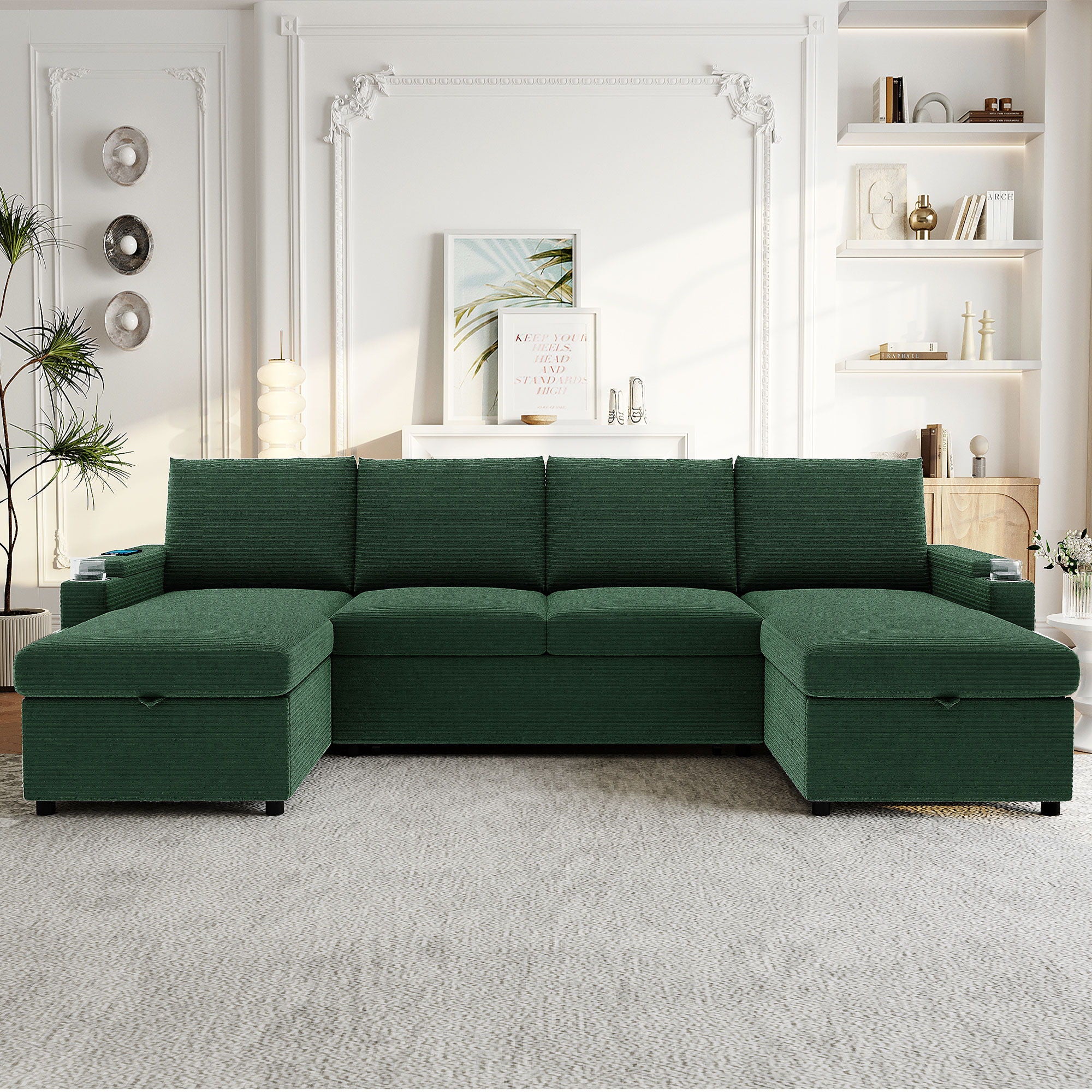 U Shaped Sectional Sofa Bed With Storage Chaise Lounges, USB Ports, And Cup Holders - Image 6