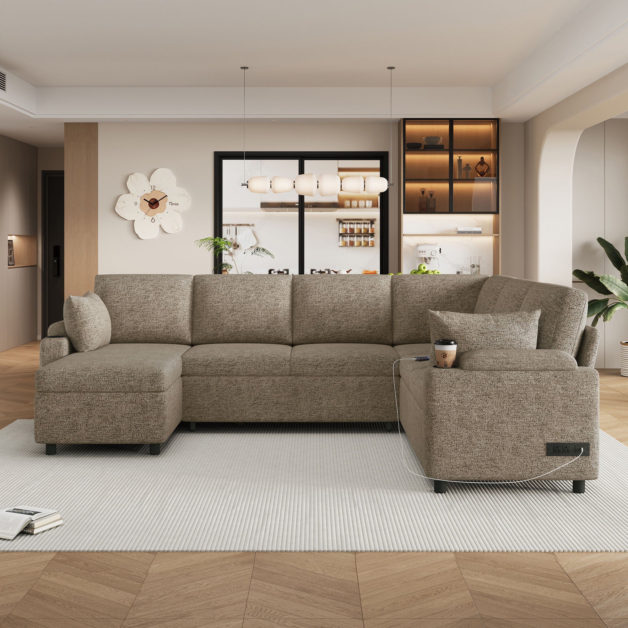 U-Shaped Sectional Sofa Bed With Storage, Charging Ports, And Cup Holders - Brown - Image 9