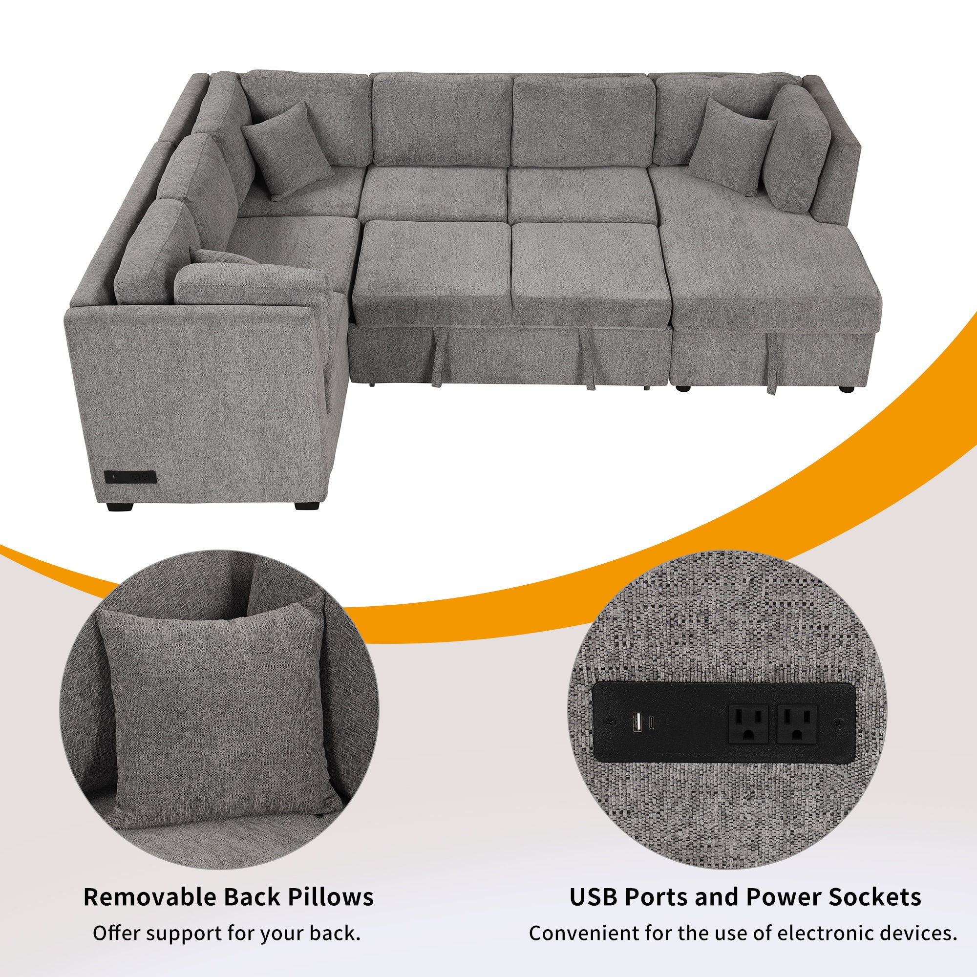 U-Shaped Sectional Sofa Pull Out Sofa Bed With Two USB Ports, Two Power Sockets, Three Back Pillows And A Storage Chaise For Living Room - Image 16