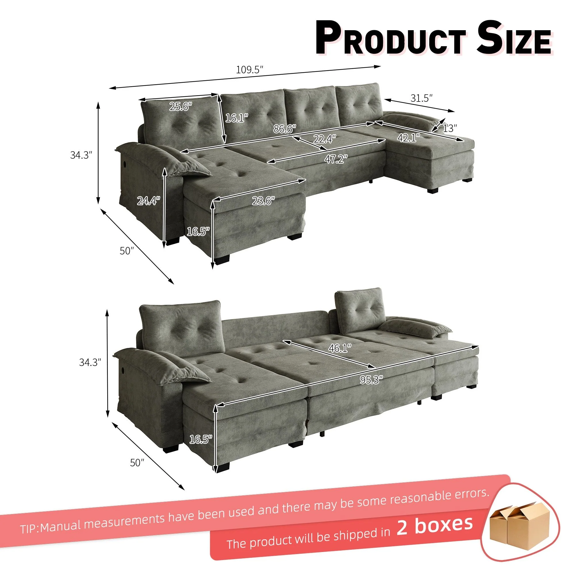 U-Shaped Sleeper Sofa With Pull Out Bed, Removable Armrests & USB Ports For Living Room - Image 9