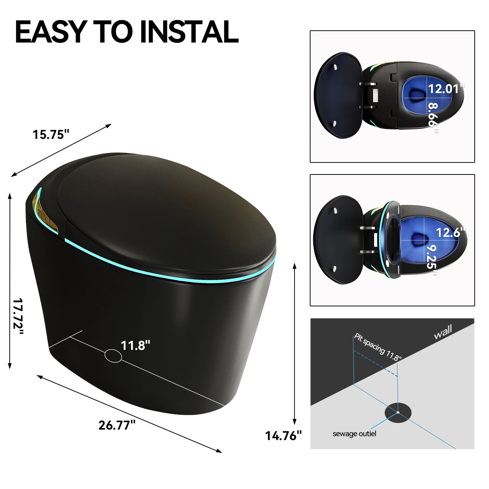 Unique Smart Toile With Built In Bidet, Auto Open / Close Seat, Foot Sensor, LED Display, Night Light, Warm Water & Dryer Ceramic - Image 27