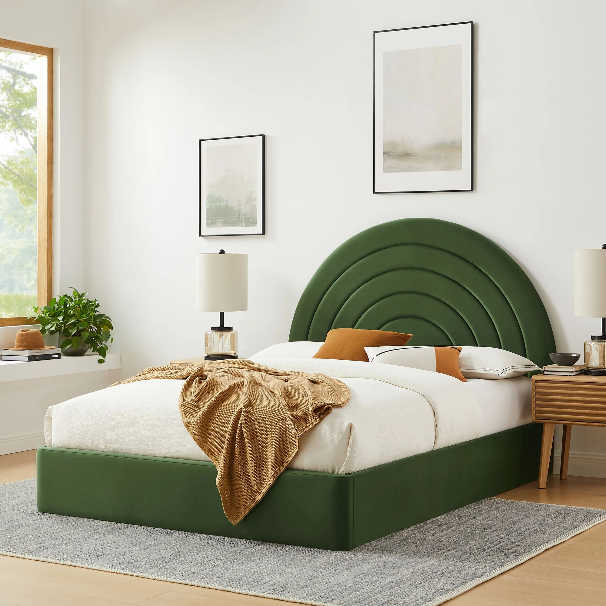 Upholstered Arched Platform Bed with Layered Headboard - Image 30