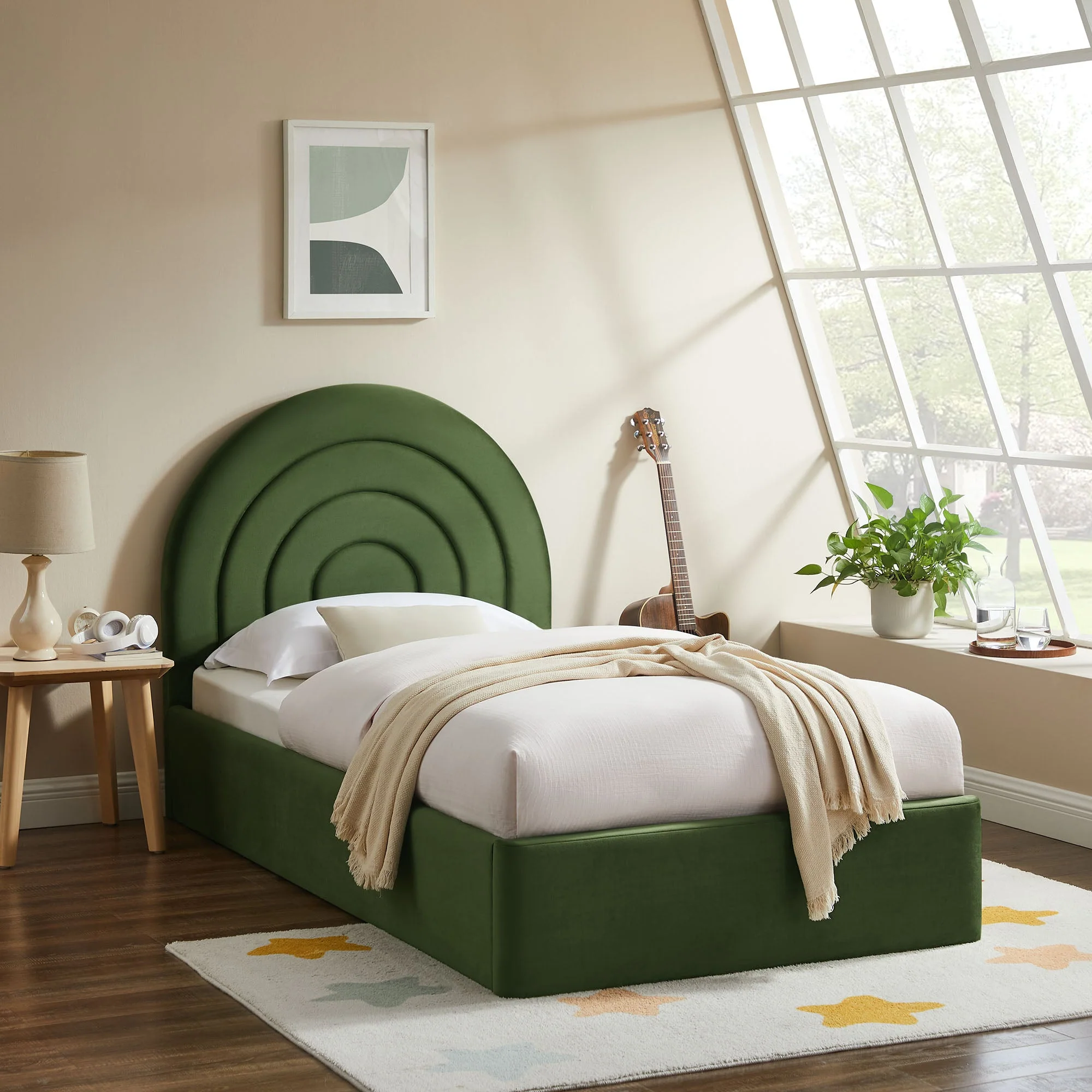 Upholstered Arched Platform Bed with Layered Headboard - Image 5