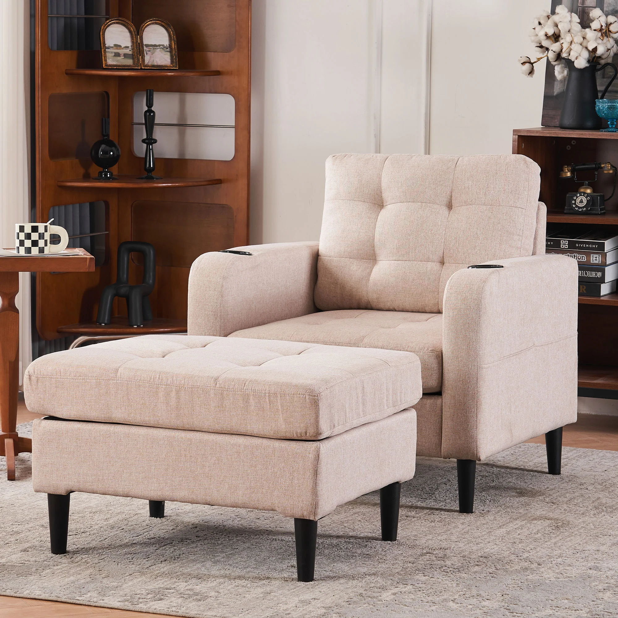 Upholstered Armchair And Storage Ottoman Set, Comfortable Single Sofa With Cup Holders And Tufted Detailing, Ideal For Living Room Or Bedroom - Image 4