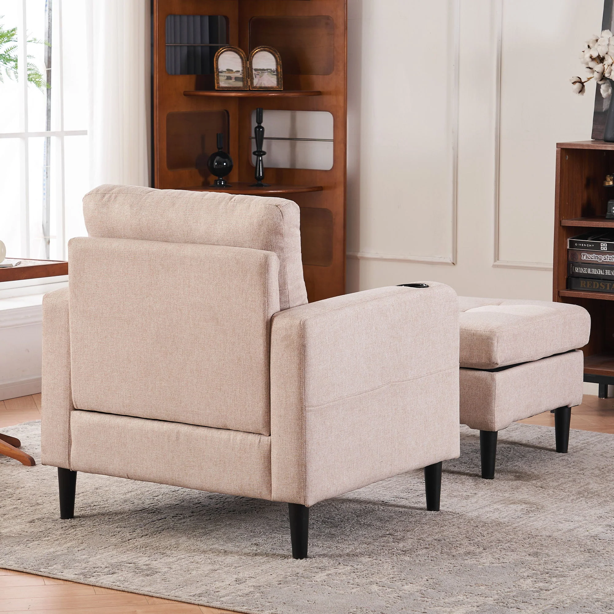 Upholstered Armchair And Storage Ottoman Set, Comfortable Single Sofa With Cup Holders And Tufted Detailing, Ideal For Living Room Or Bedroom - Image 9