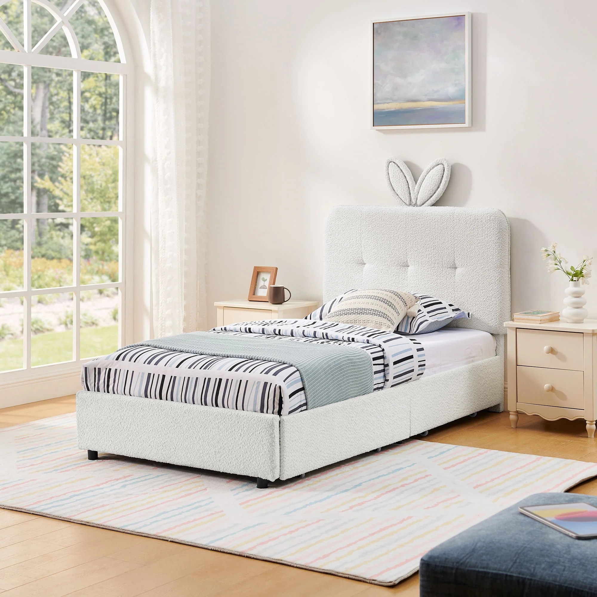 Upholstered Bed With Oversized Rabbit Ear Headboard, LED Lights & 4 Storage Drawers - Image 16