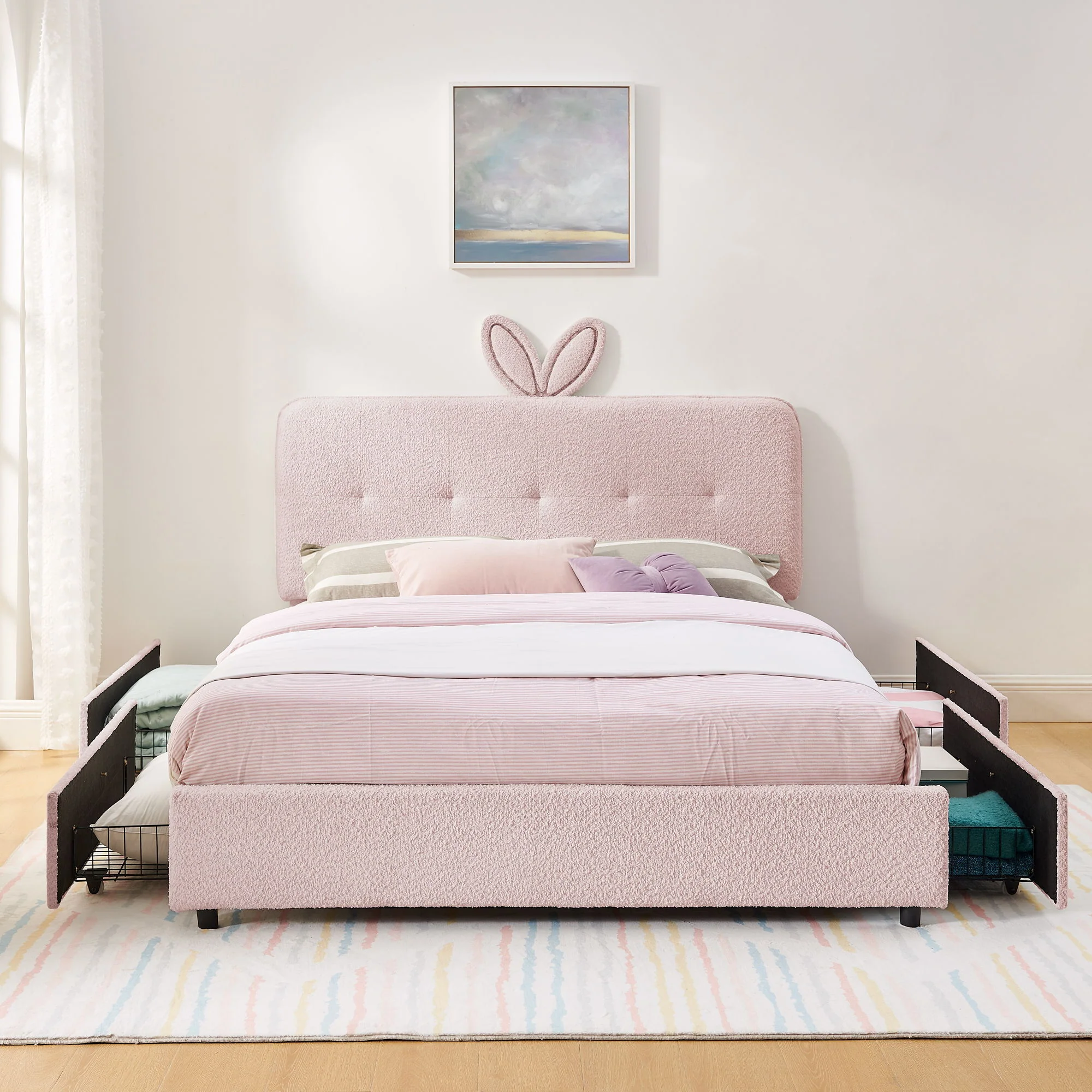 Upholstered Bed With Oversized Rabbit Ear Headboard, LED Lights & 4 Storage Drawers - Image 19