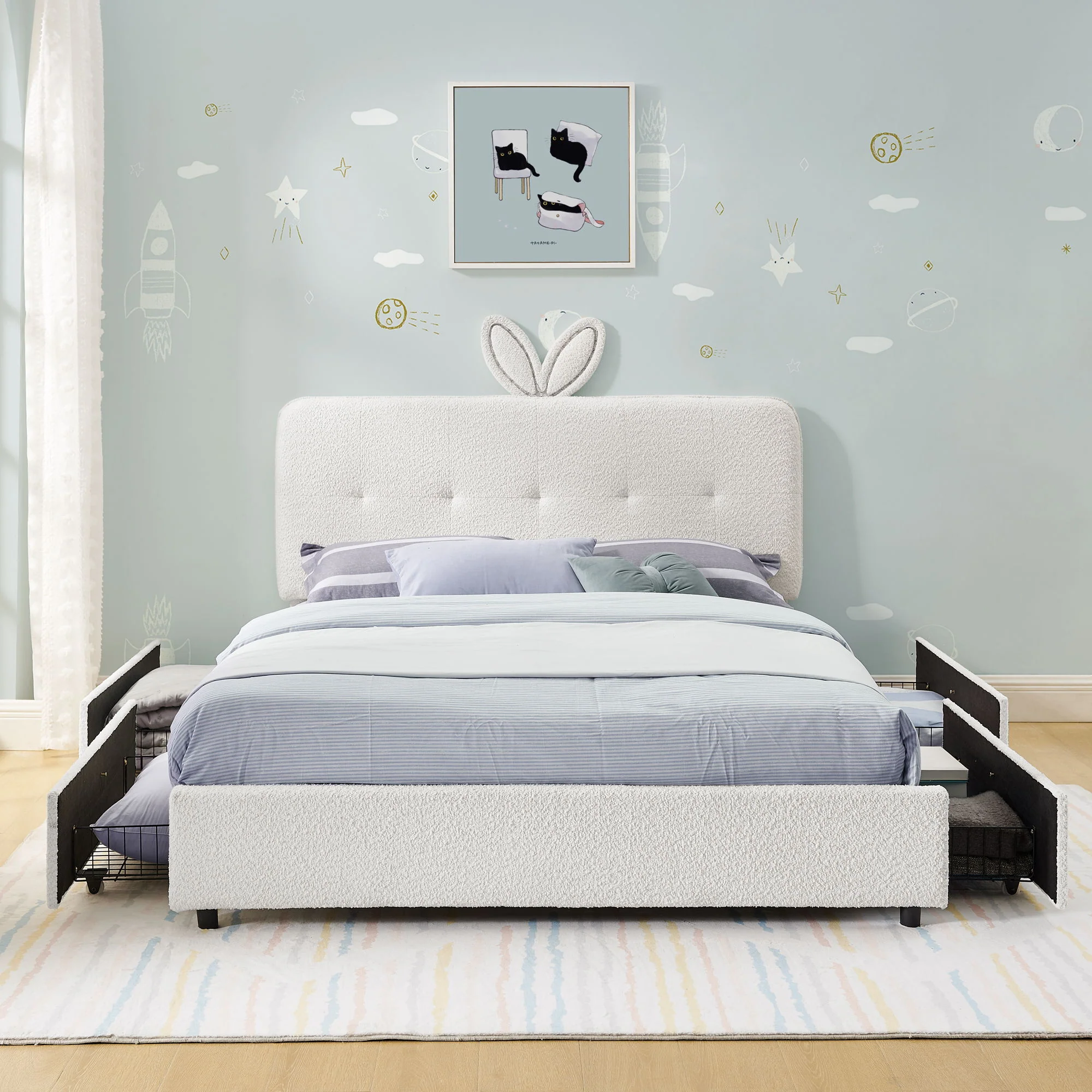 Upholstered Bed With Oversized Rabbit Ear Headboard, LED Lights & 4 Storage Drawers - Image 24