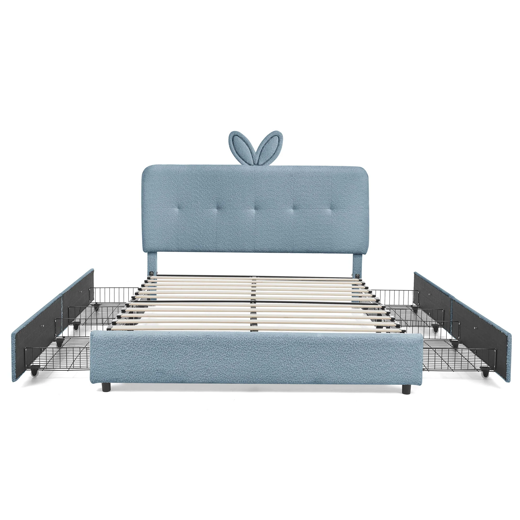 Upholstered Bed With Oversized Rabbit Ear Headboard, LED Lights & 4 Storage Drawers - Image 3
