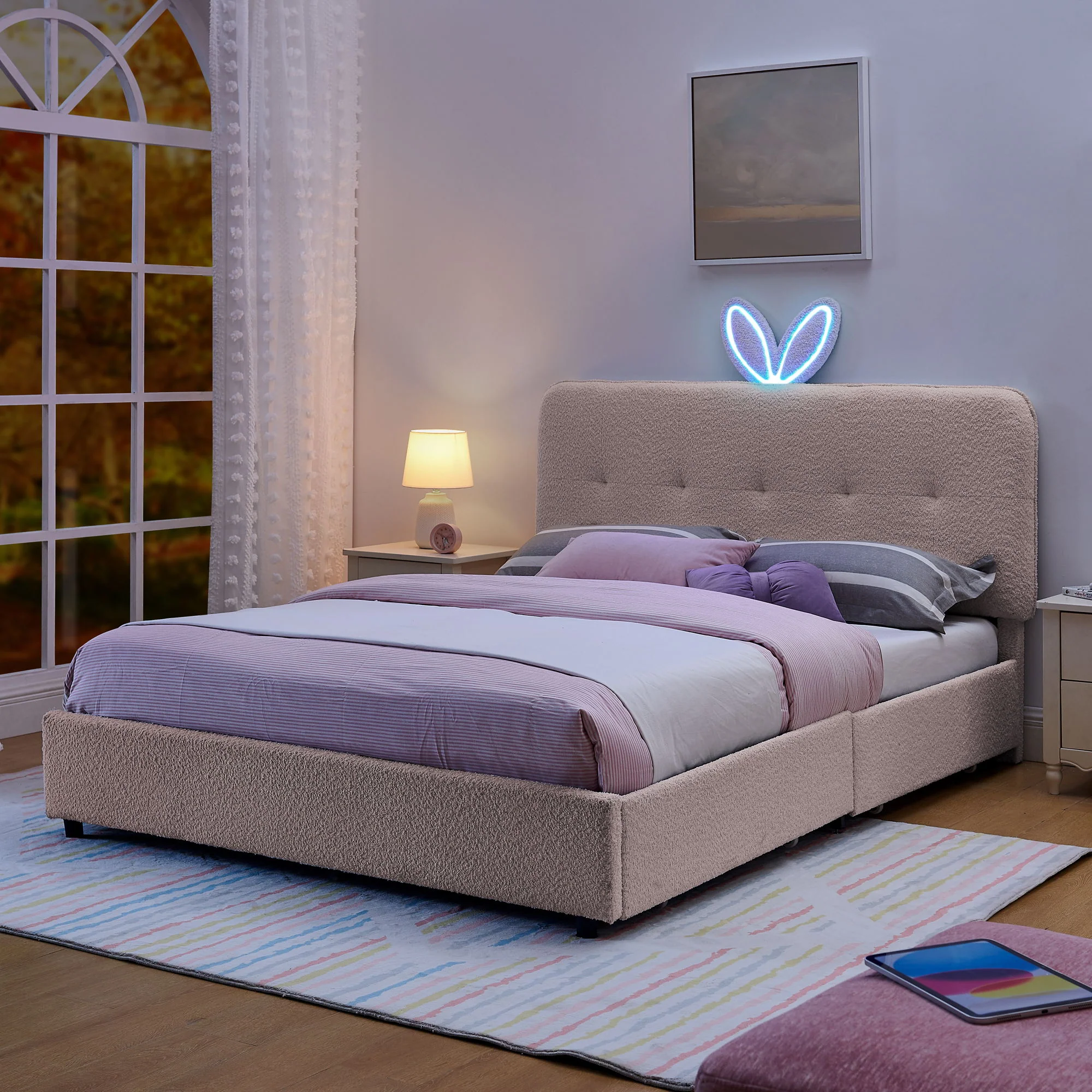 Upholstered Bed With Oversized Rabbit Ear Headboard, LED Lights & 4 Storage Drawers - Image 46
