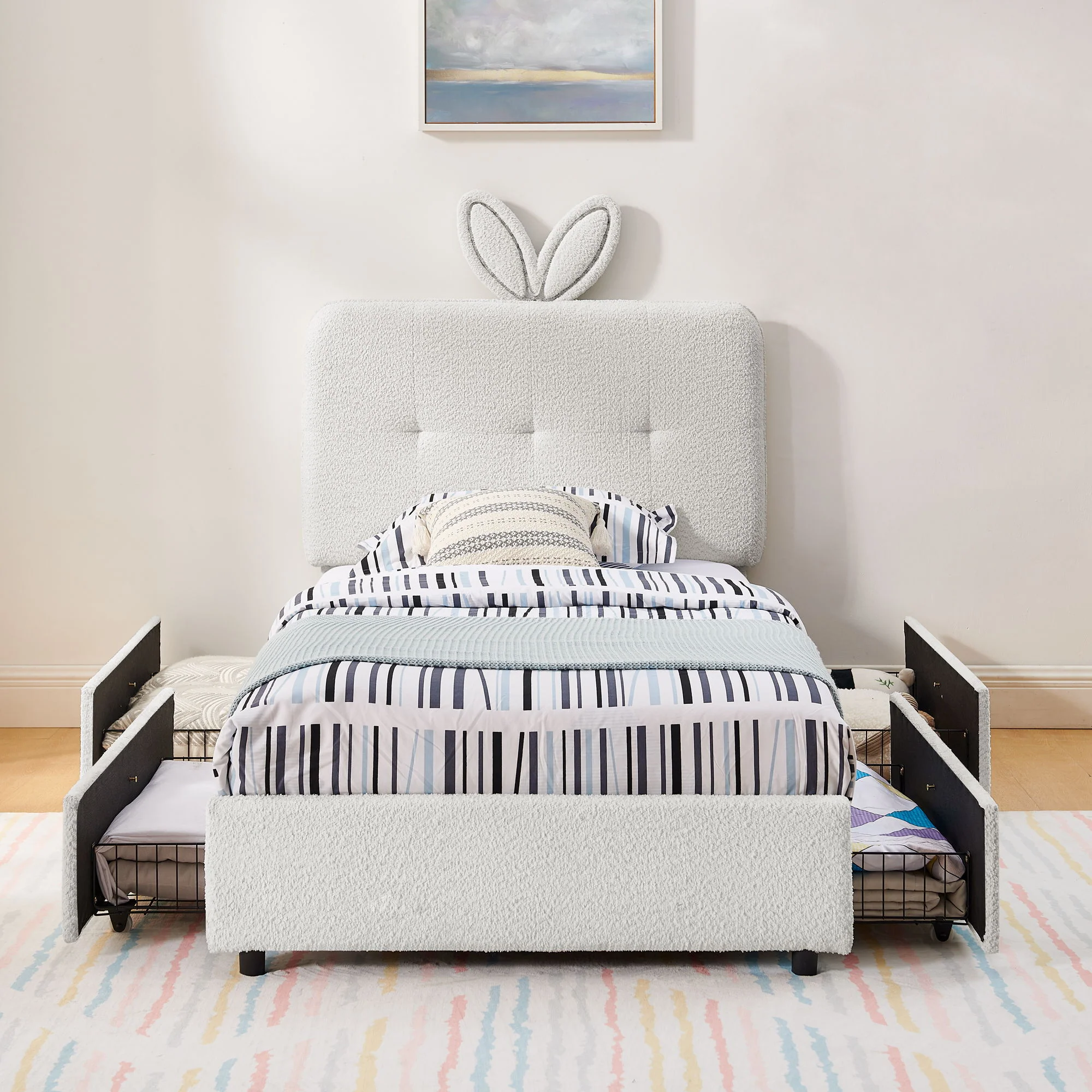 Upholstered Bed With Oversized Rabbit Ear Headboard, LED Lights & 4 Storage Drawers - Image 54