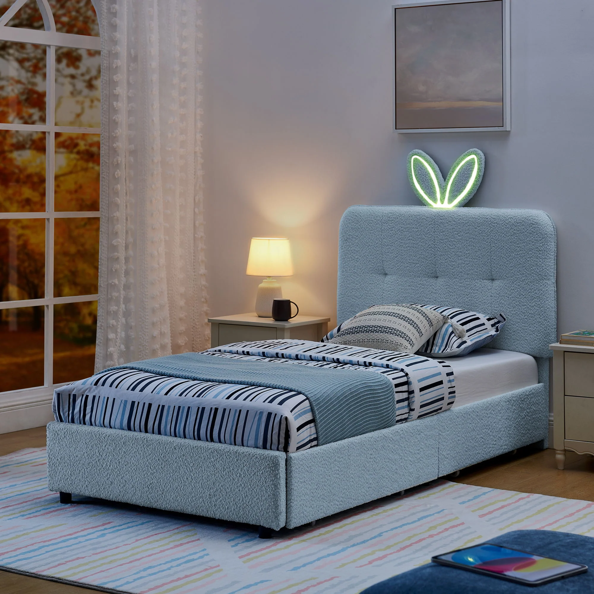 Upholstered Bed With Oversized Rabbit Ear Headboard, LED Lights & 4 Storage Drawers - Image 60