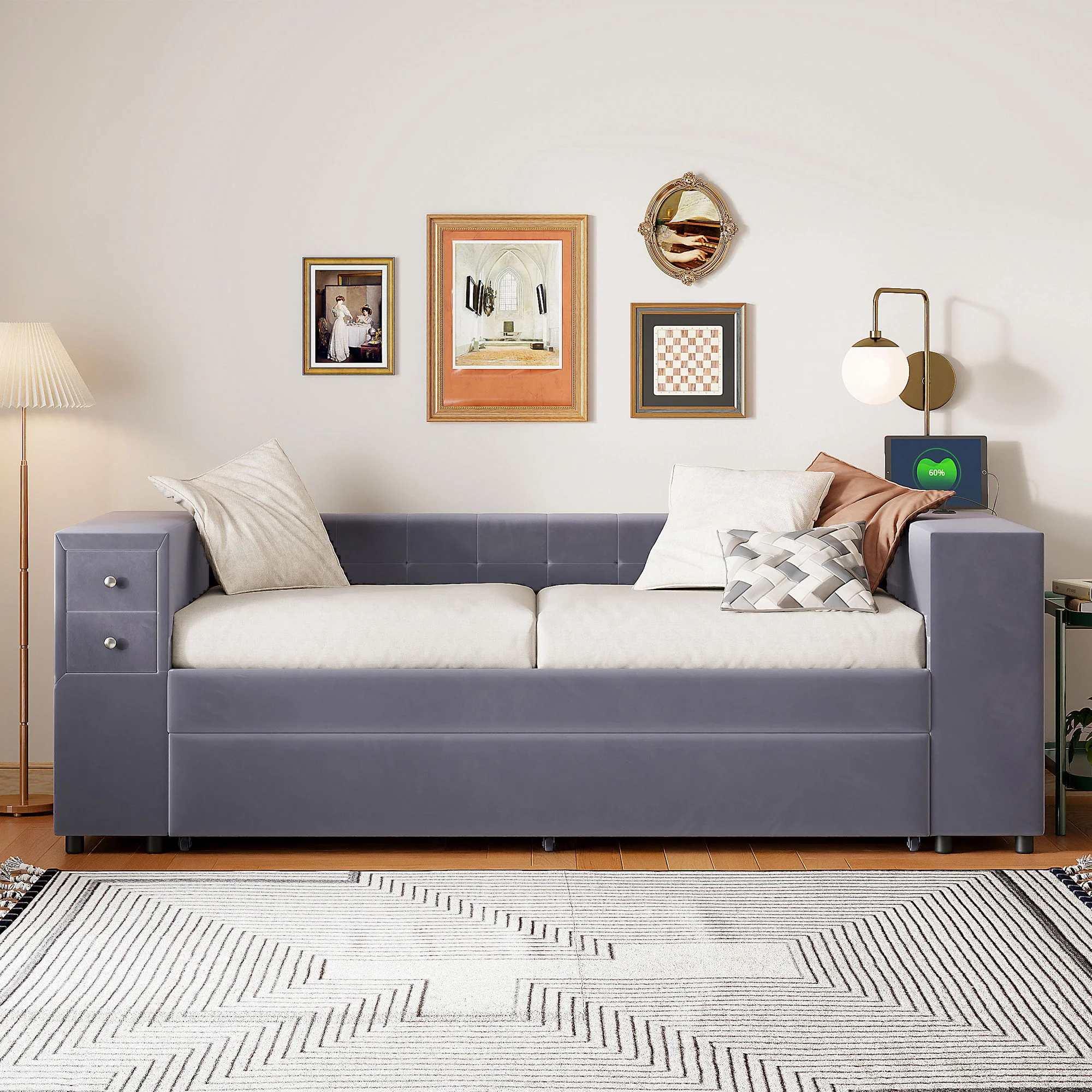 Upholstered Bed With Storage And Twin Trundle, USB Charging Ports - Image 3
