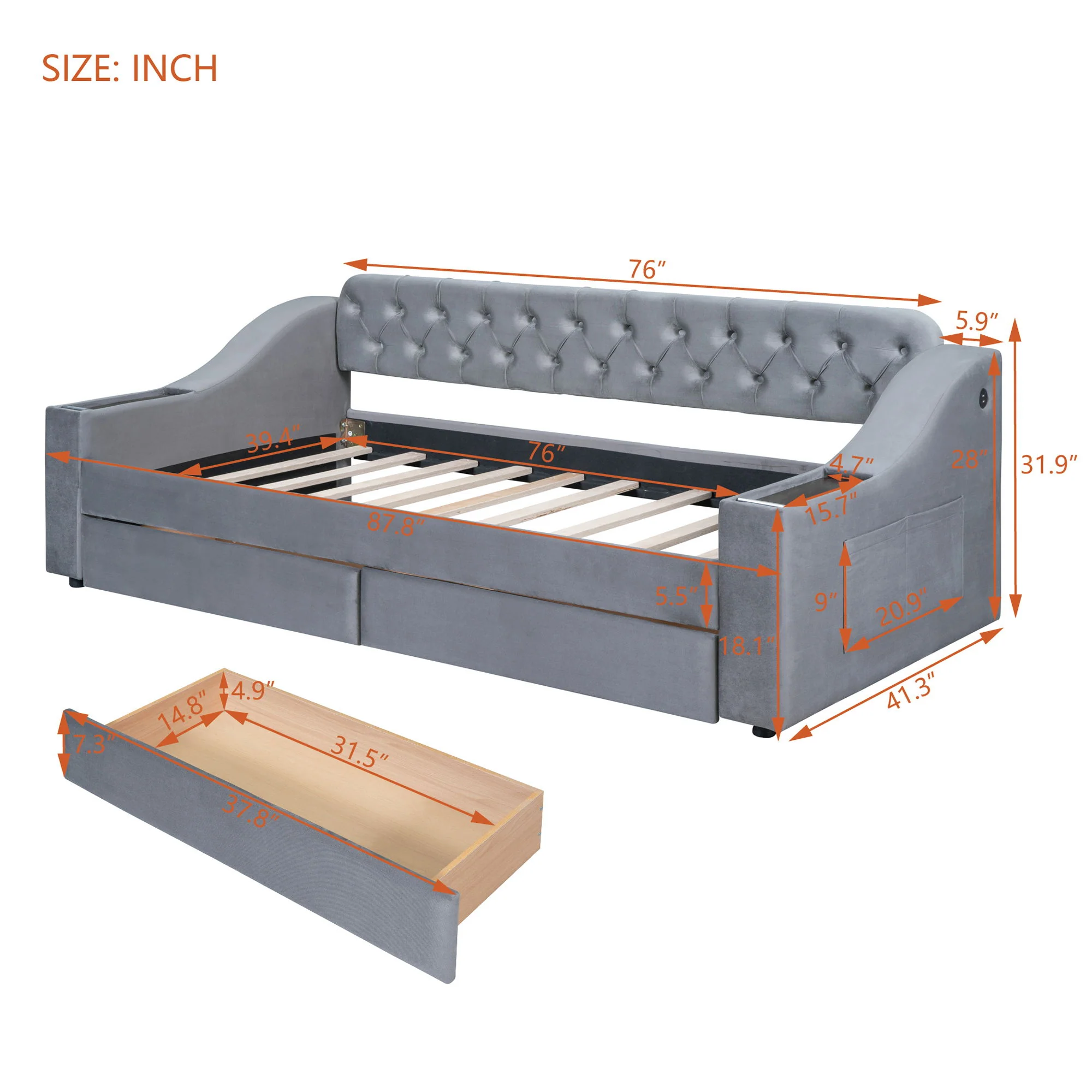 Upholstered Daybed With Storage Armrests And USB Port - Image 16
