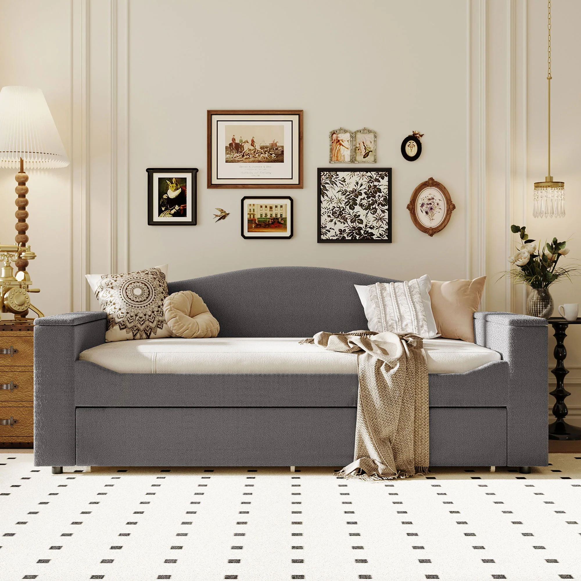 Upholstered Daybed With Storage Armrests, Trundle And Latest Integrated tooth Audio System - Image 49