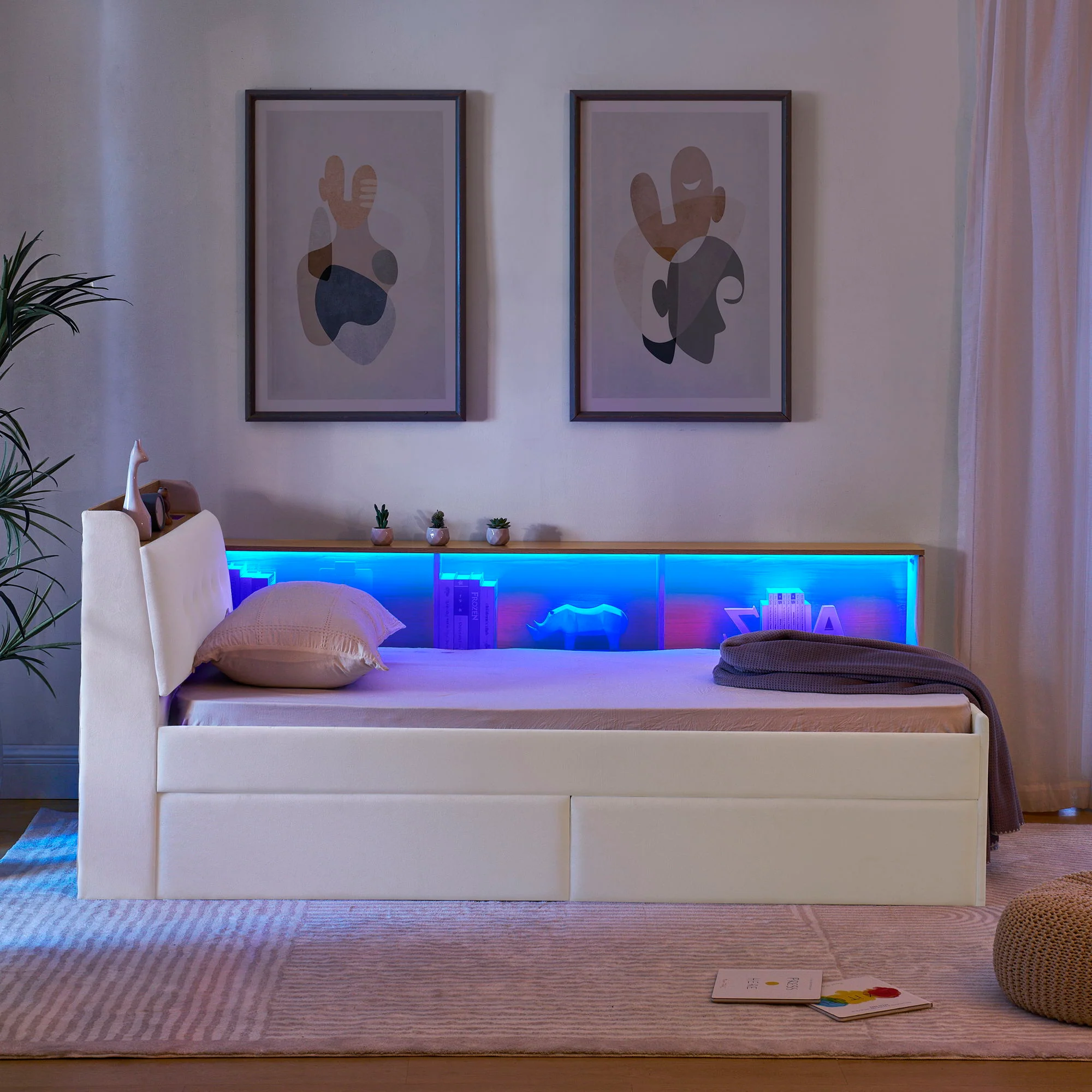 Upholstered Daybed With Storage Headboard, Wireless Charging, LED Lights - Image 4