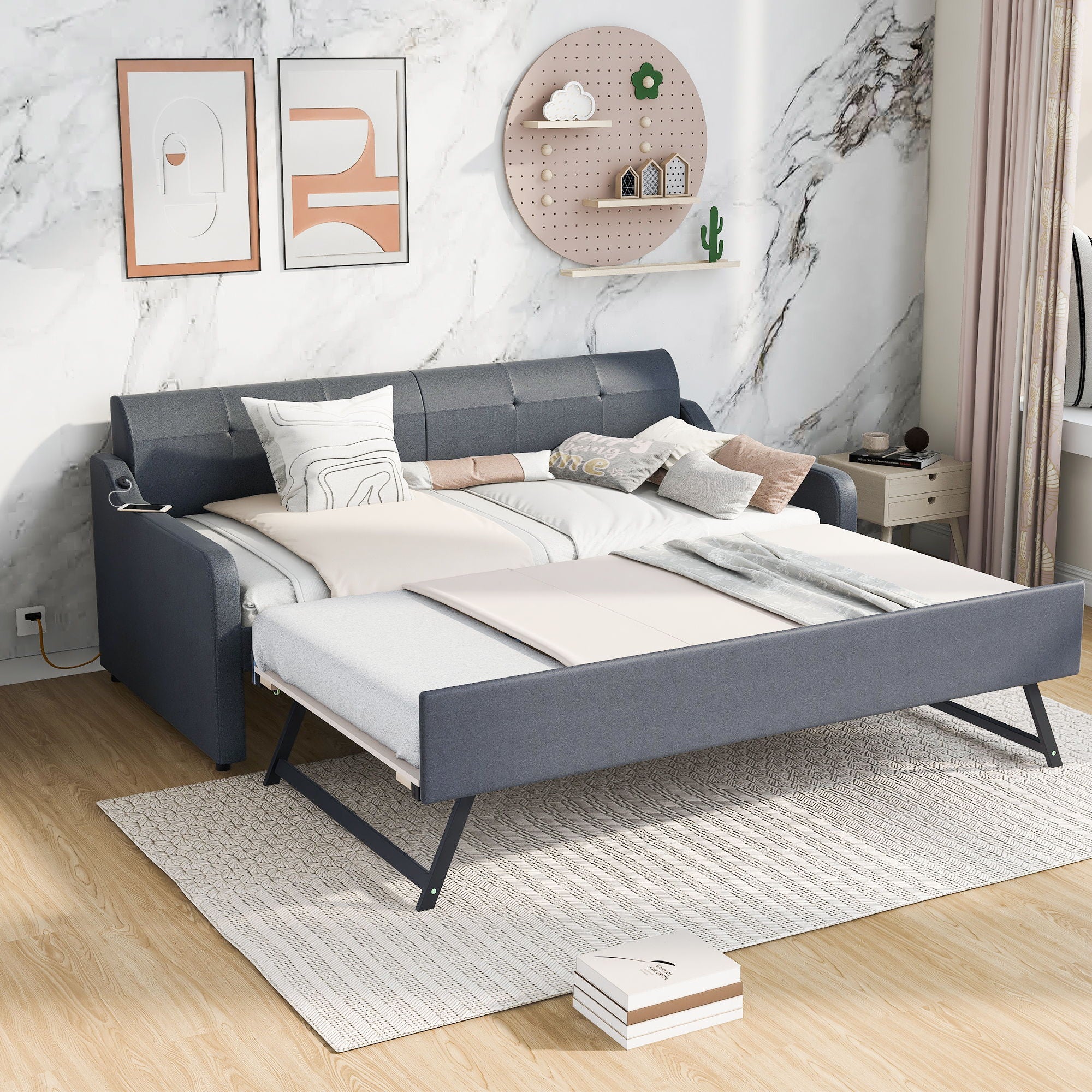 Upholstered Daybed With Trundle And USB Charging - Image 15