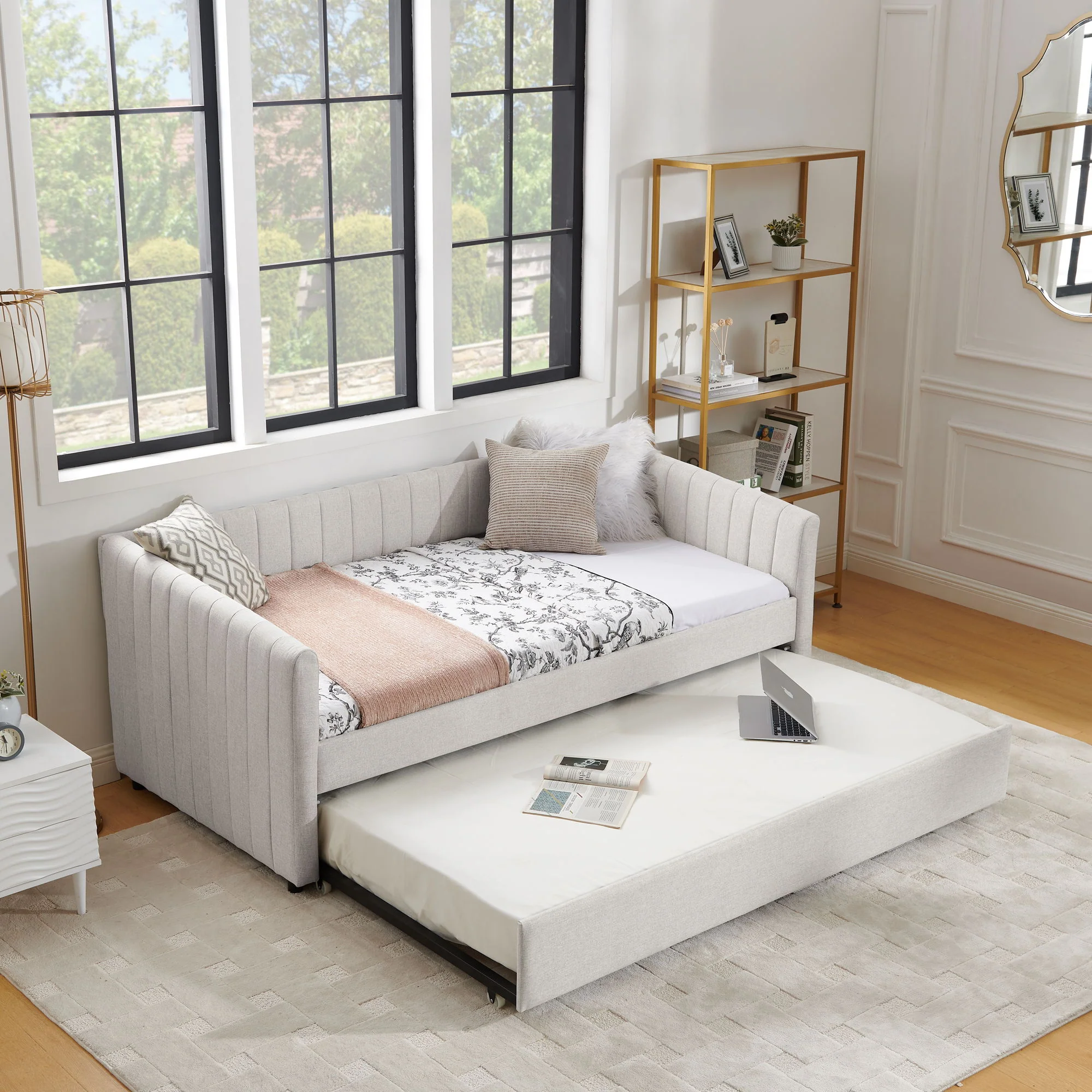 Upholstered Daybed With Trundle With Vertical Stripes - Image 15