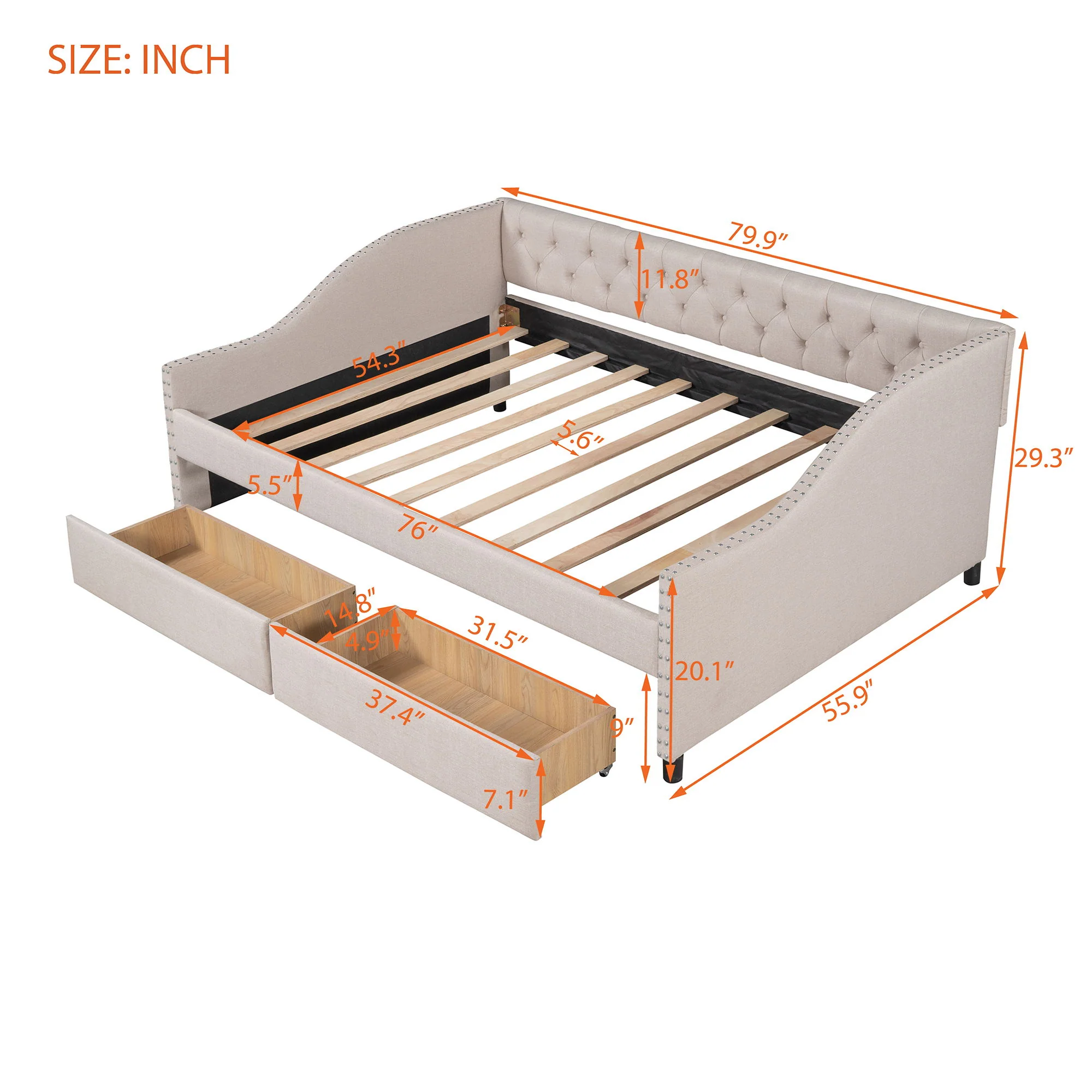 Upholstered Daybed With Two Drawers, Wood Slat Support - Image 16